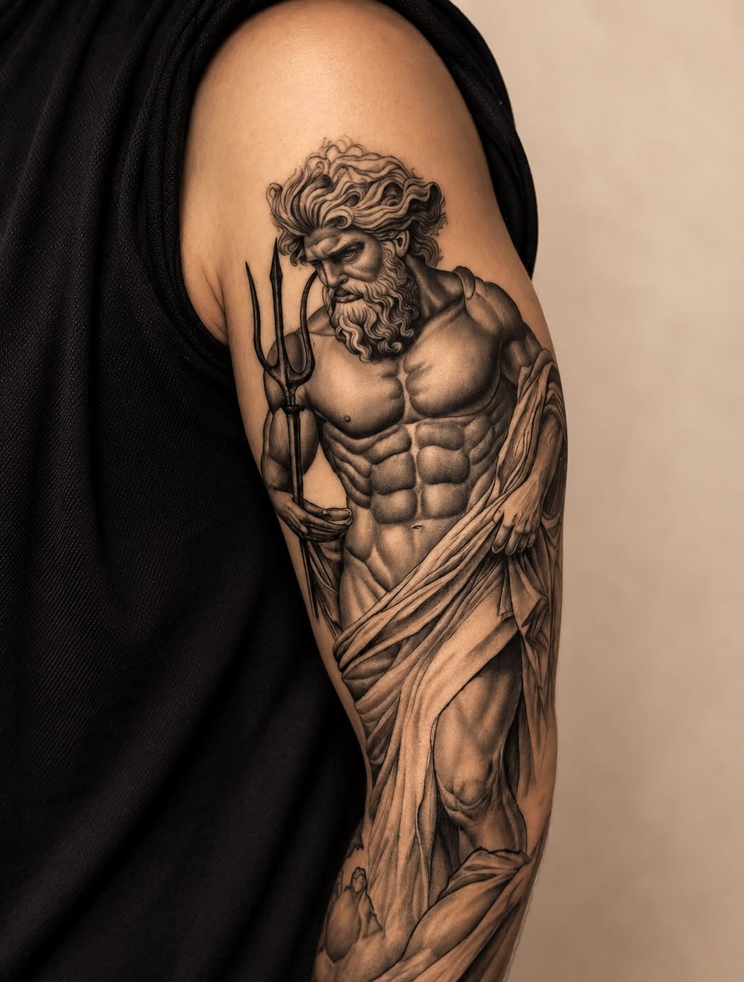 Poseidon with trident realism tattoo on the upper arm by Tiago Britto