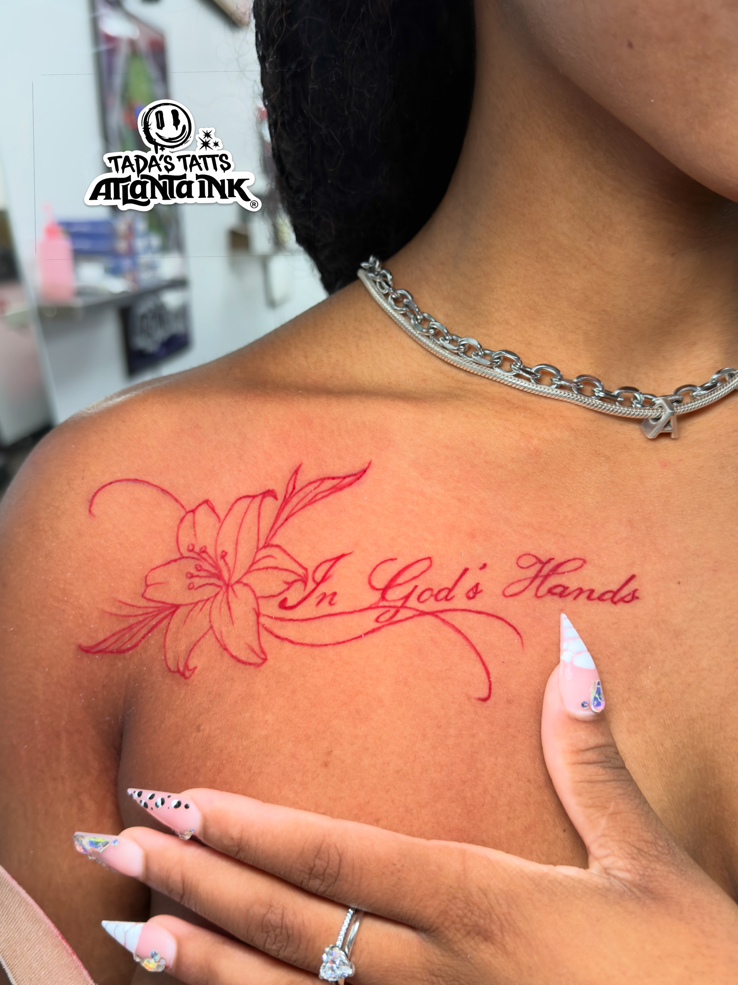 Flower and script fine line tattoo on the shoulder by thee Magician🧞♀️, Atlanta, Georgia