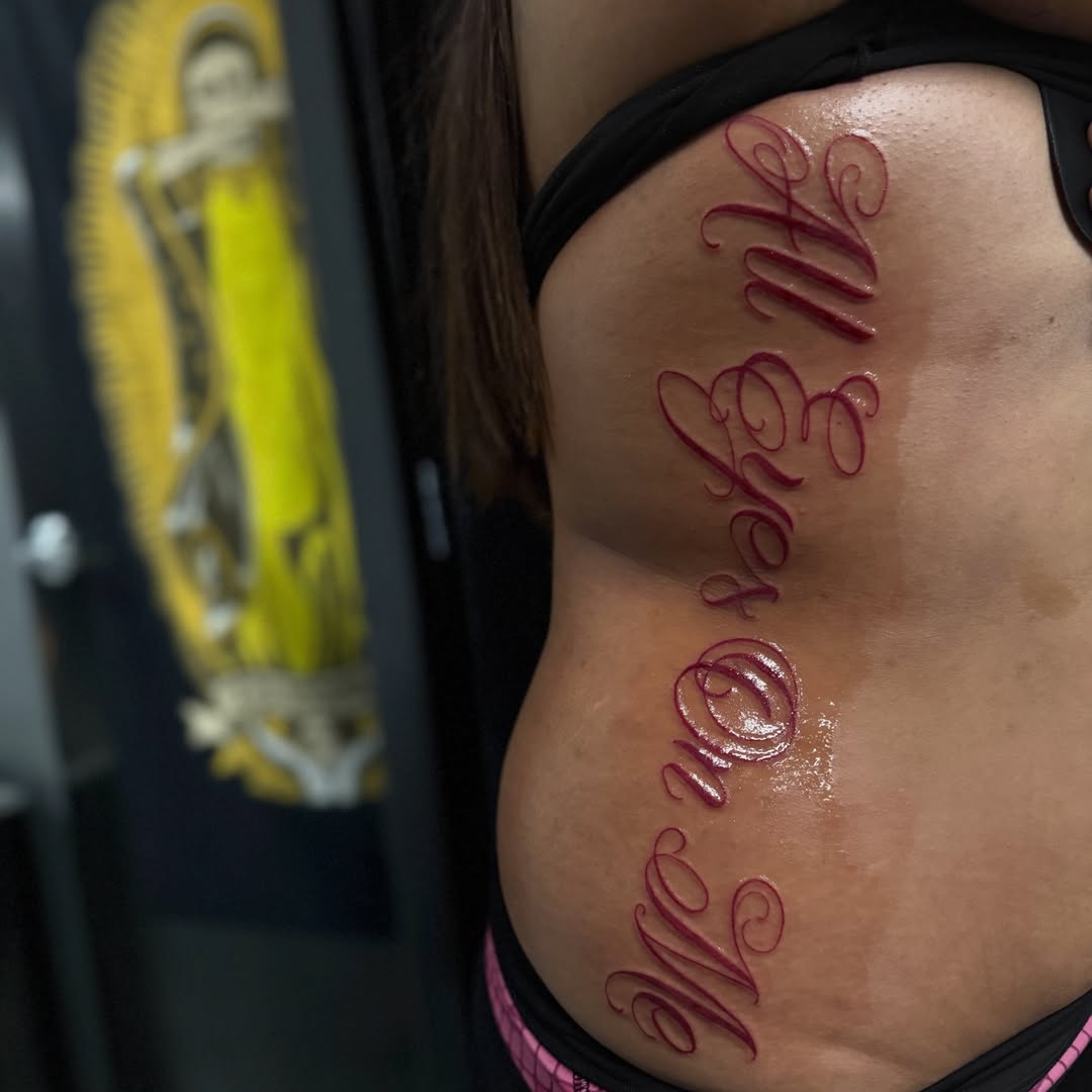 Script lettering lettering script tattoo on the ribs by Faith Lopez