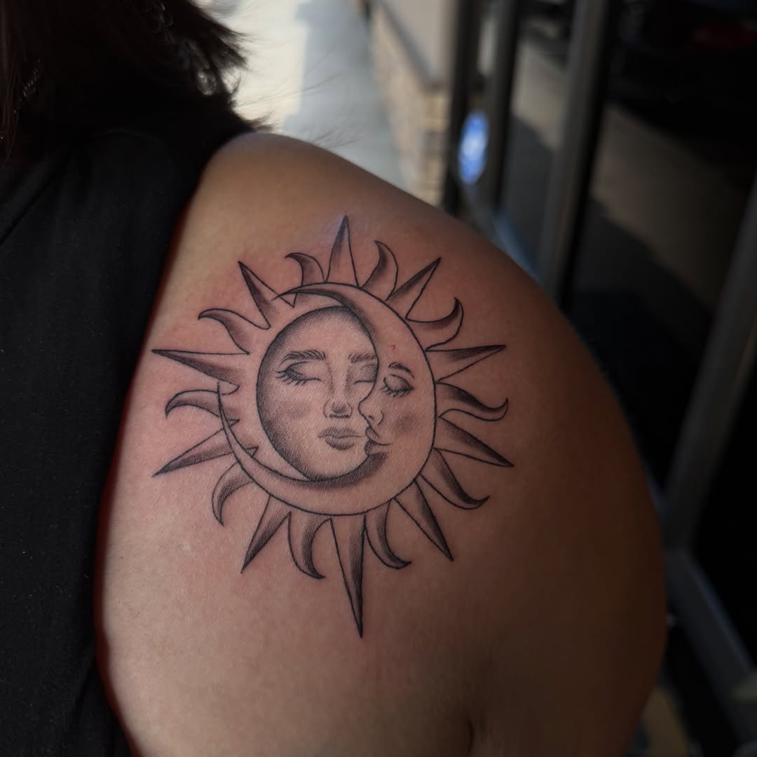 Sun and moon realism tattoo on the shoulder by Faith Lopez