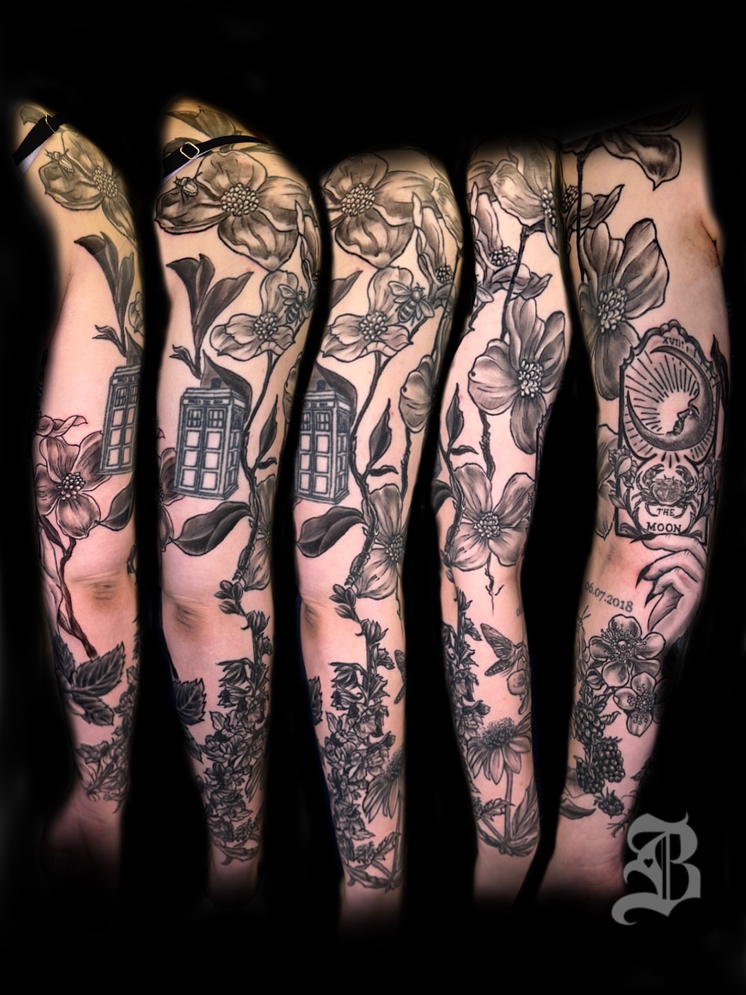 Dogwood flowers black and grey tattoo on the forearm by ❈°binx°❈