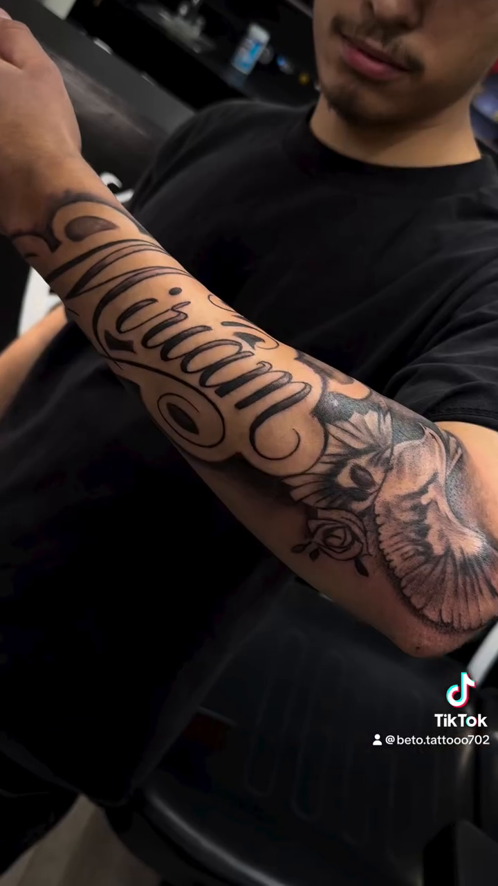 Name tattoo with dove lettering tattoo on the forearm by Betotats