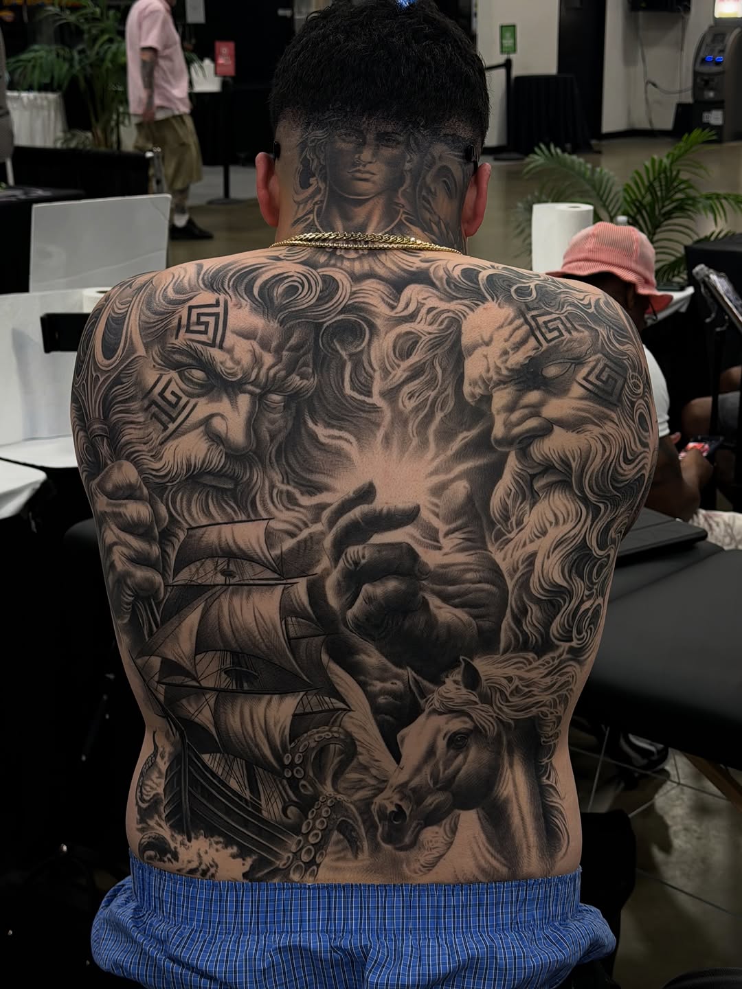 Mythological scene with ship and horse surrealism tattoo on the back by Gee Lagunas 🇲🇽, Springfield, Virginia