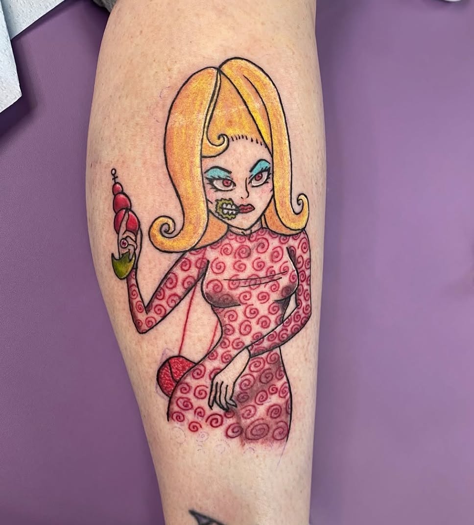 Woman with red dress new school tattoo on the thigh by Destinee DeFriece