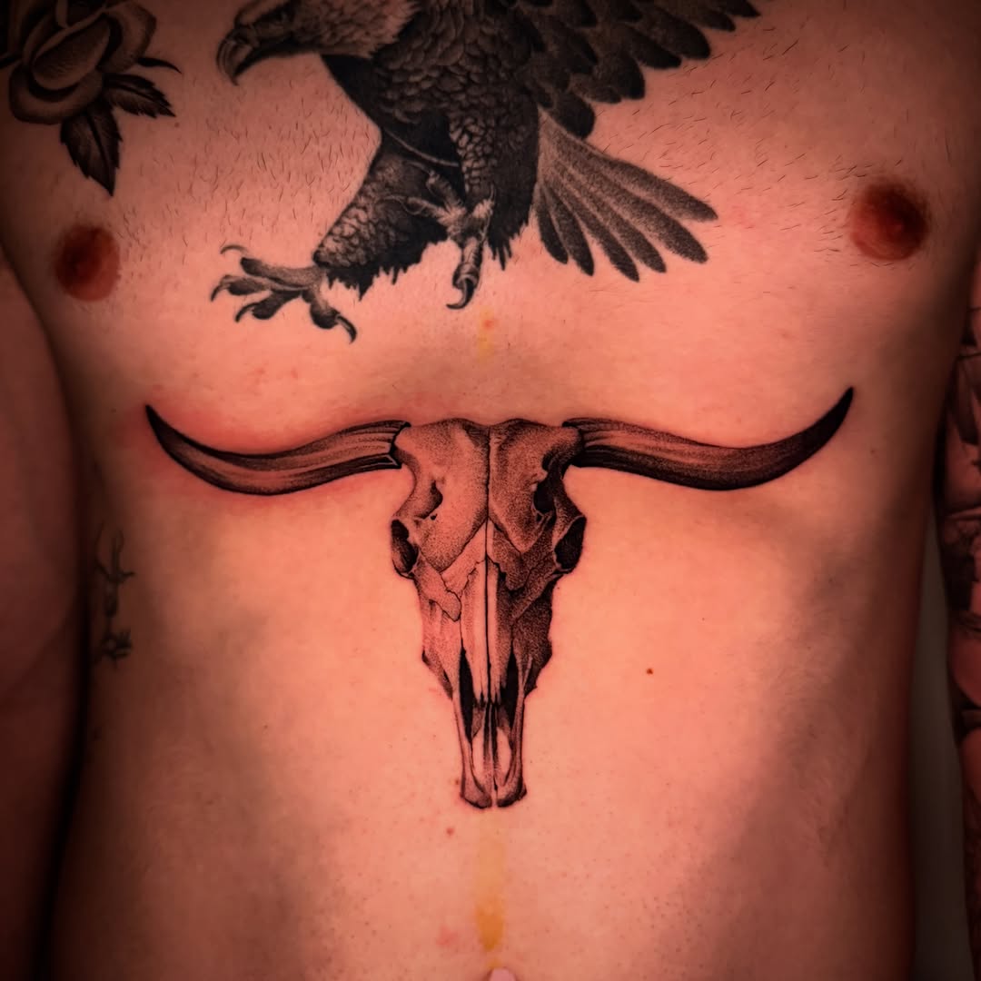 Bull skull realism tattoo on the chest by Jacob Deirfield, Circleville, Ohio