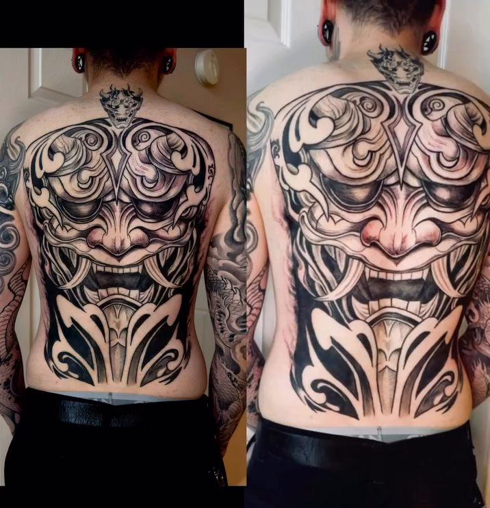Hannya mask backpiece Japanese tattoo on the back by Caloy Obra