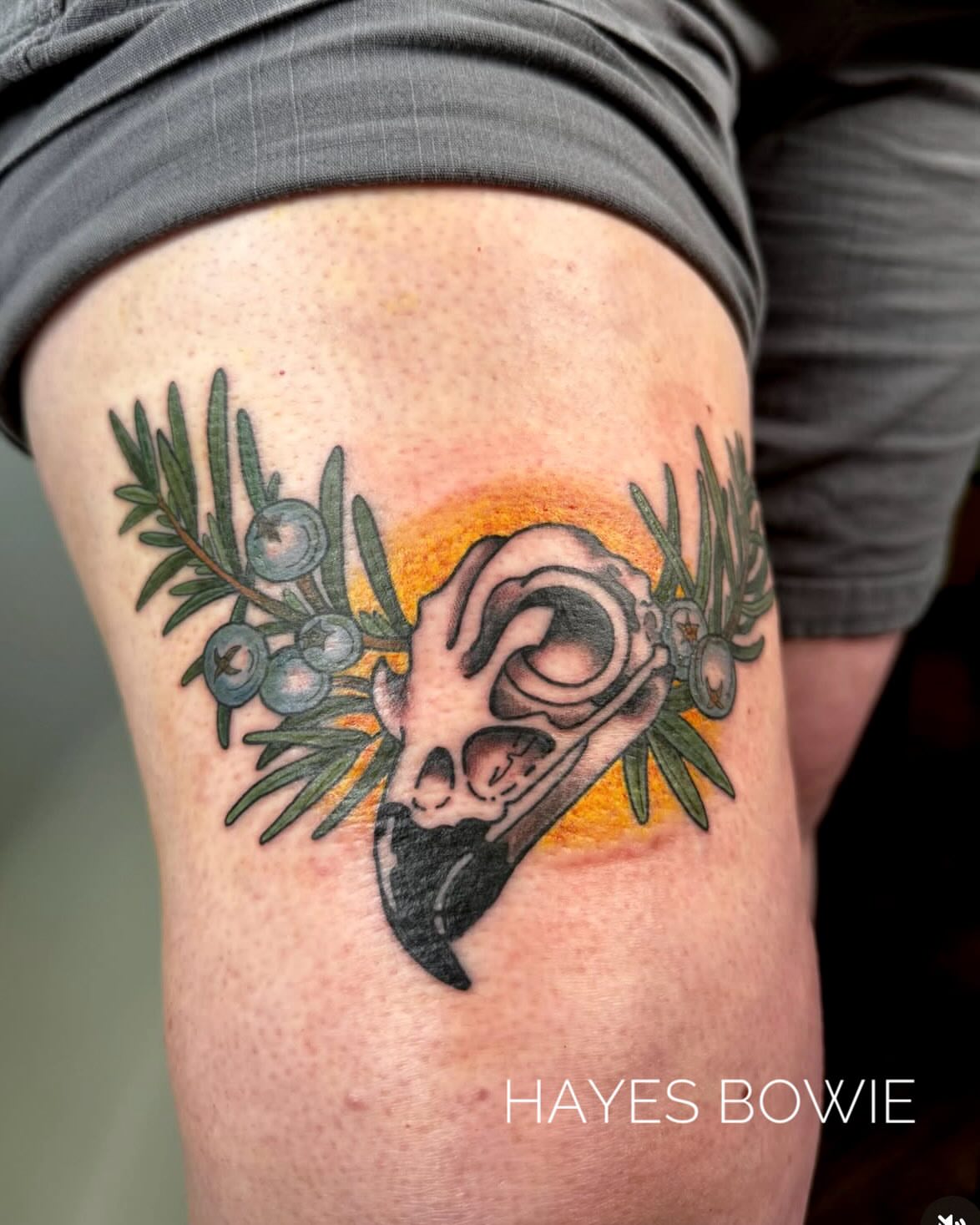 Bird skull and rosemary realism tattoo on the thigh by AJ Jensen