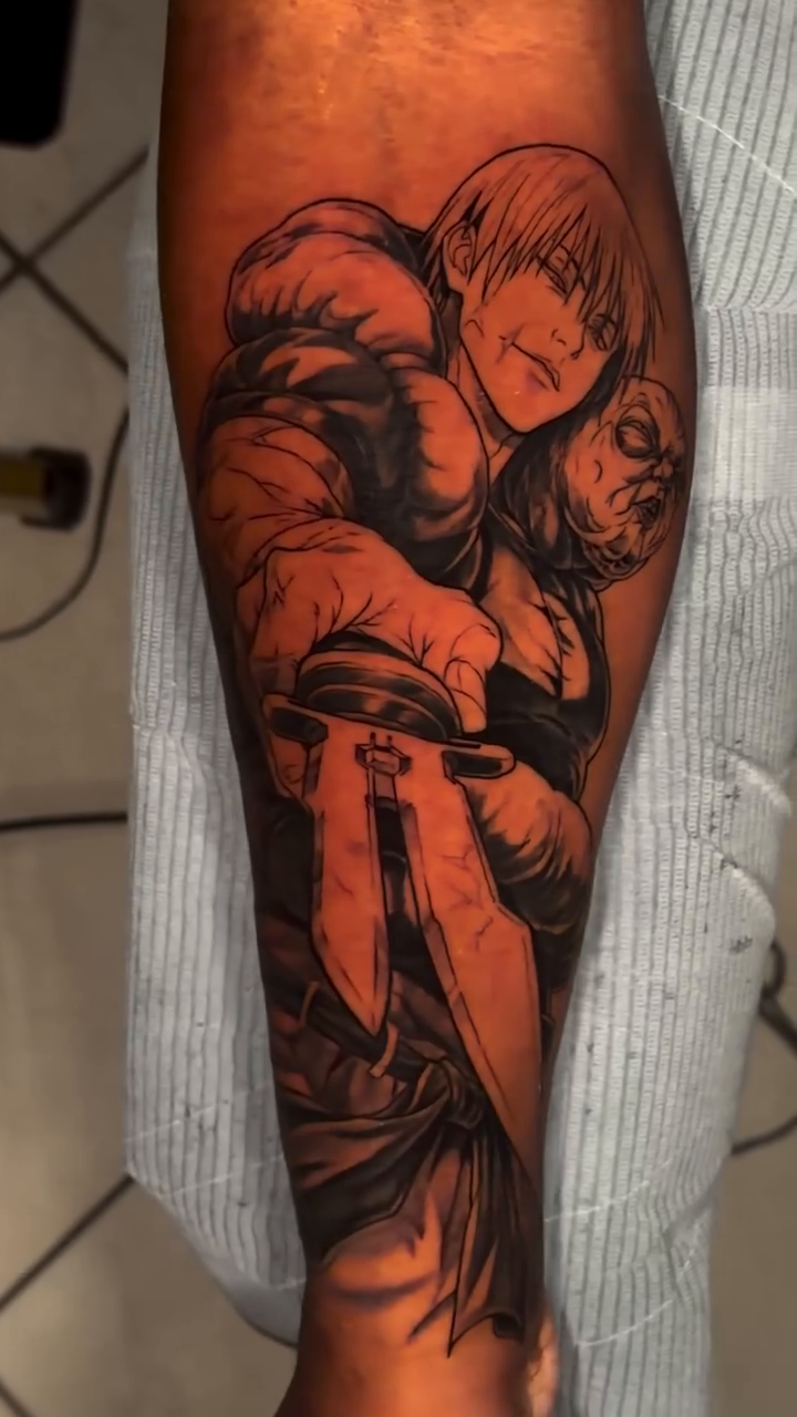 Tattoo by @jamesmoyertattoos — anime, black_and_grey