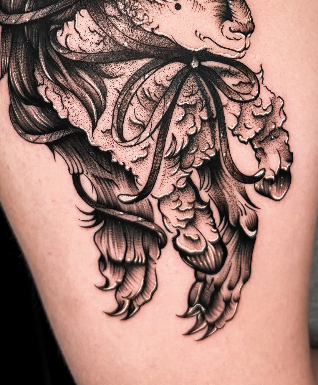 Ornate creature with bow realism tattoo on the thigh by ✿ Desiree Gawle ✿