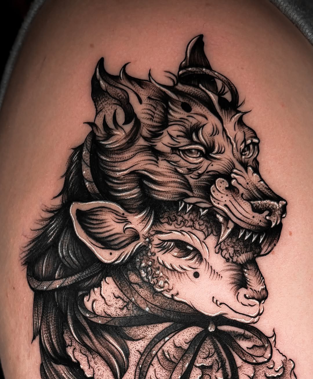 Wolf over lamb realism tattoo on the shoulder by ✿ Desiree Gawle ✿