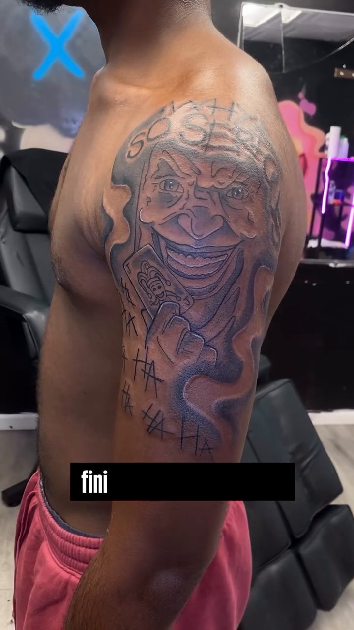 Joker face tattoo realism tattoo on the chest by Mariš¤, Chicago, Illinois