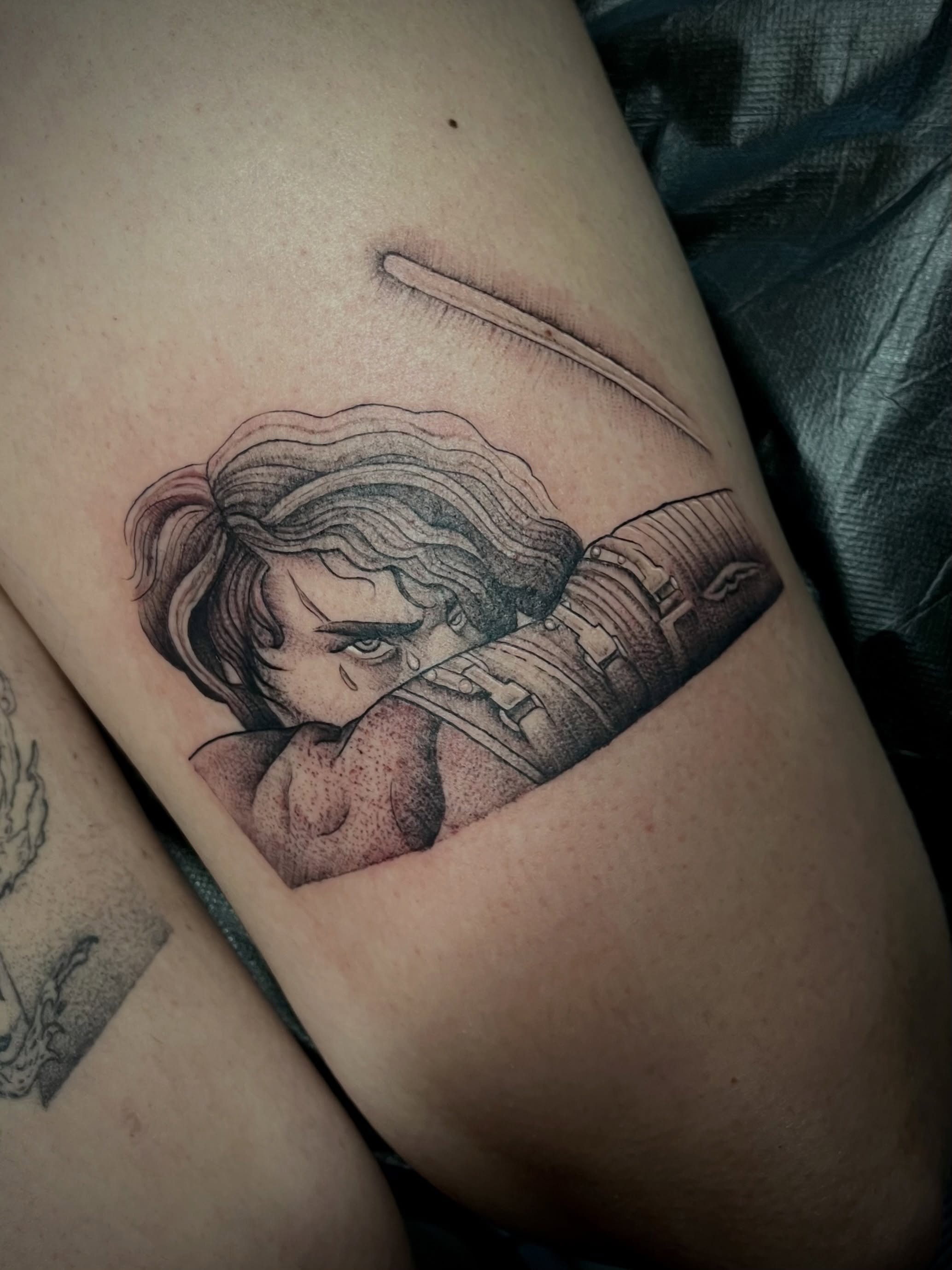 Tattoo by @fairyytaylzz — realism, black_and_grey