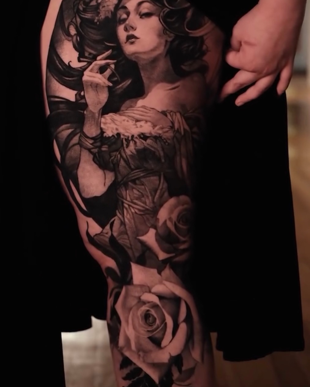 Woman and roses realism tattoo on the upper arm by Ohio Tattoo Artist - Tehya Maxwell, Springfield, Ohio