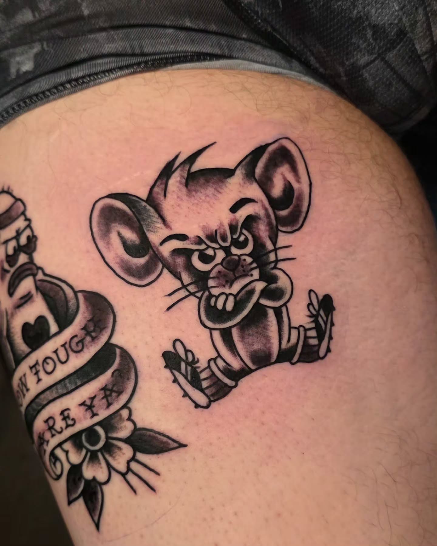 Mouse American traditional tattoo on the thigh by J. Kirsch New Jersey Tattoo Artist