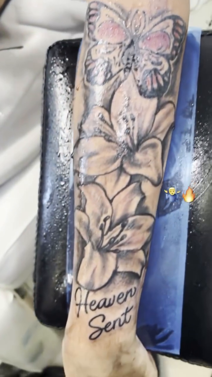 Flowers and butterflies on arm fine line tattoo on the forearm by Exotic Motion🌪️
