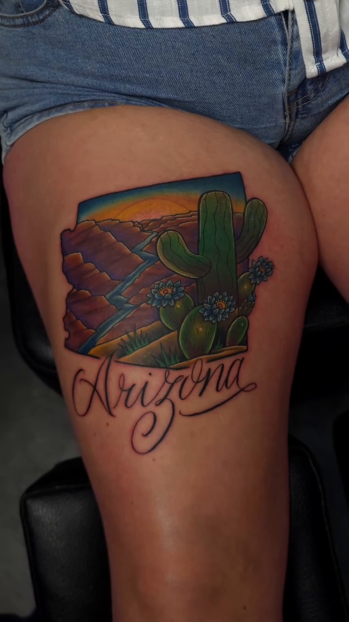 Arizona landscape with cactus and lettering fine line tattoo on the thigh by Joey Vinci, Phoenix, Arizona