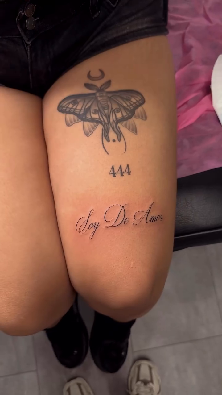 Moth and script text lettering tattoo on the leg by Jennifer Garcia R - Vegas tattoo artist
