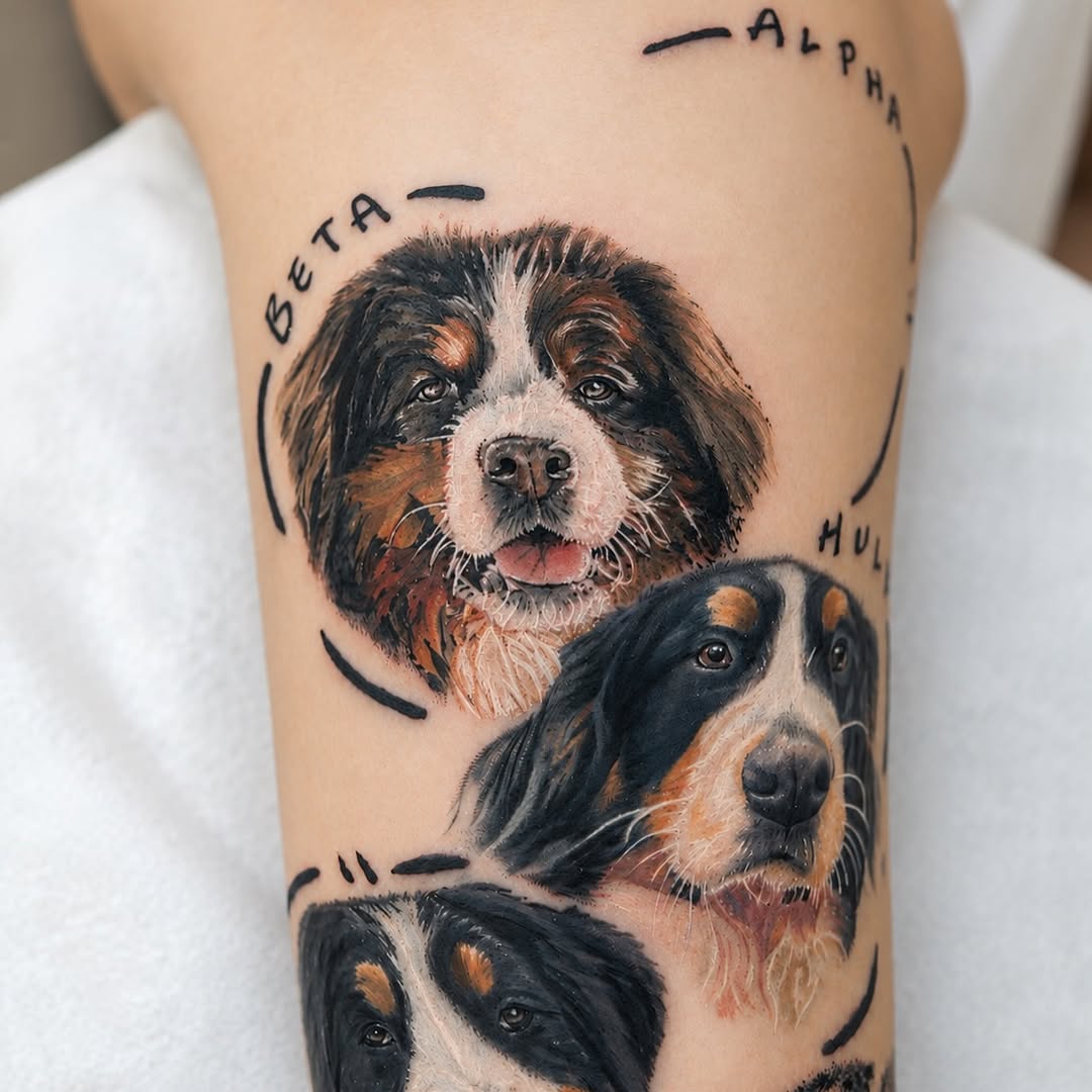 Bernese Mountain Dogs realism tattoo on the forearm by Adam_Zhiwei Xu(Tattooist)
