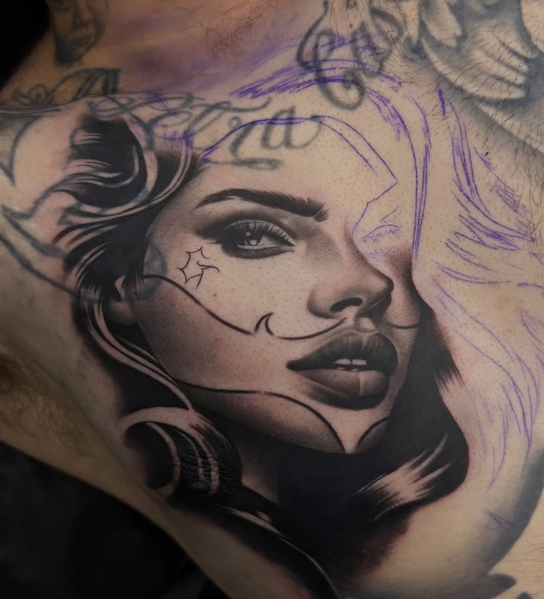Portrait of a woman Chicano tattoo on the chest by TattooBoyTattoos