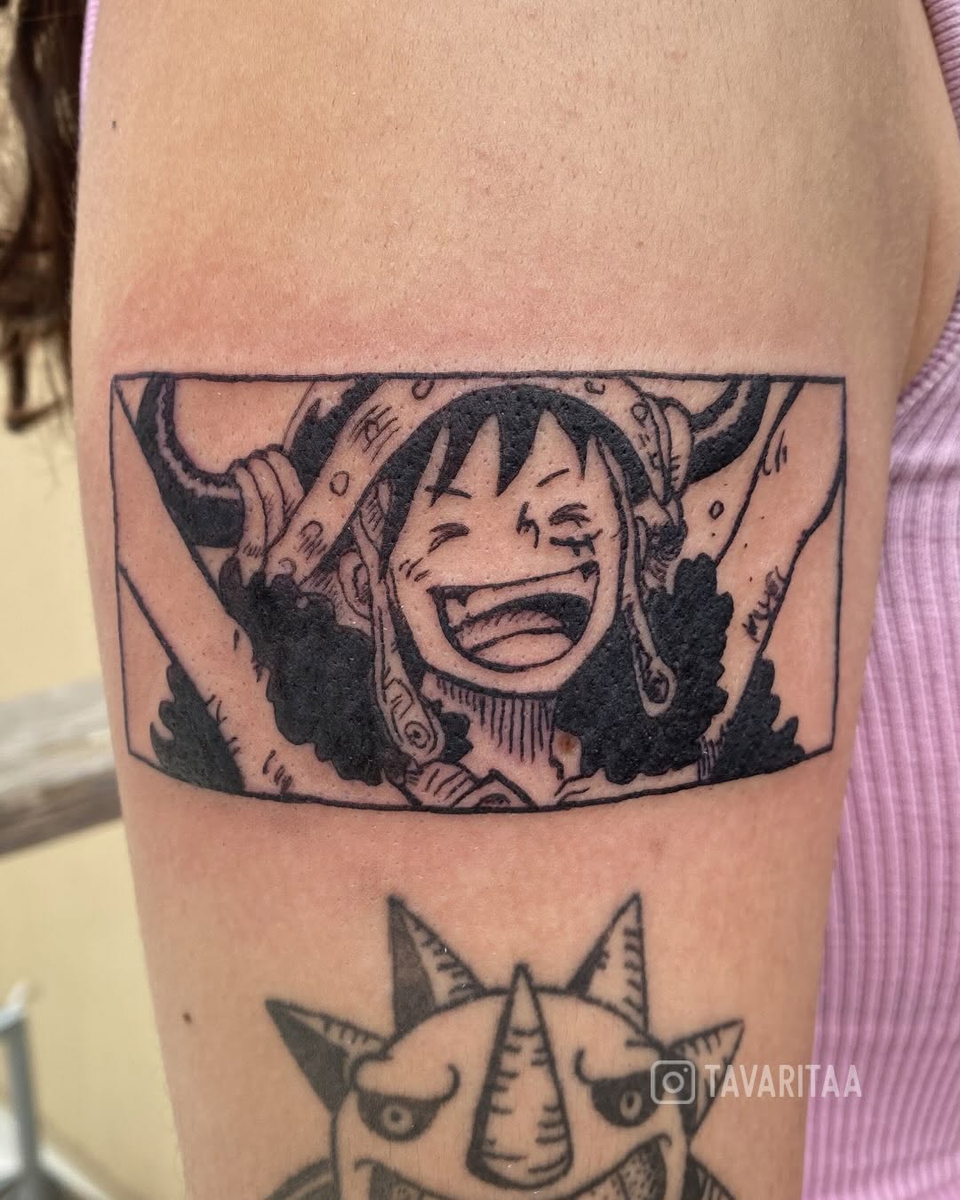 Manga panel of a laughing character new school tattoo on the forearm by Tavarita