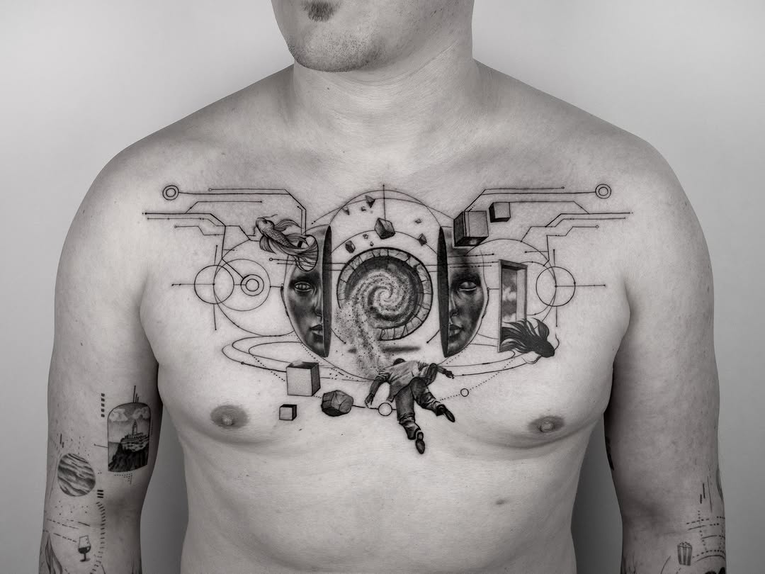 Sketch tattoo on the chest by János Bozóki, Budapest, Hungary