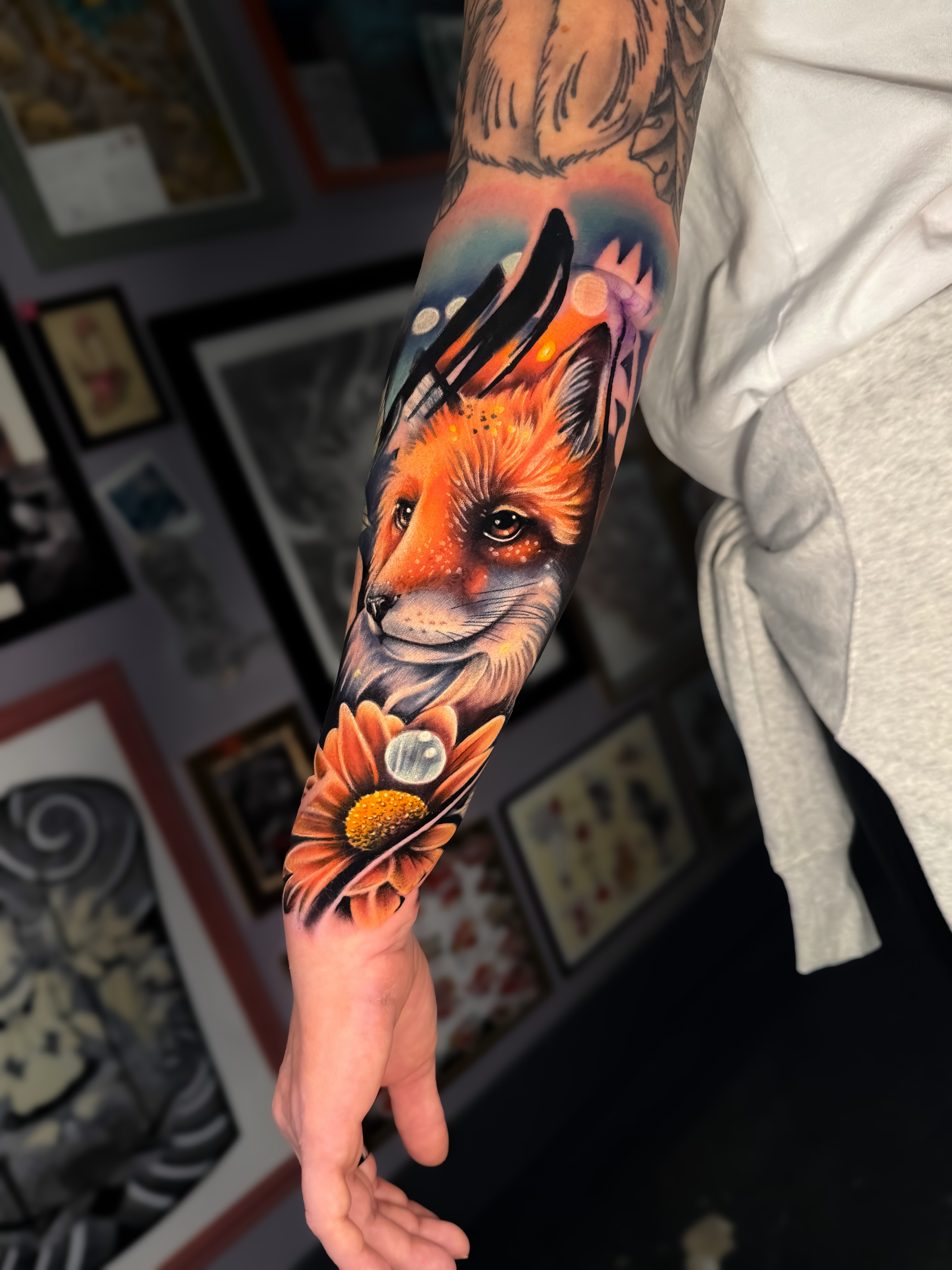 Fox and sunflower realism tattoo on the forearm by Jeffrey M Zalesak