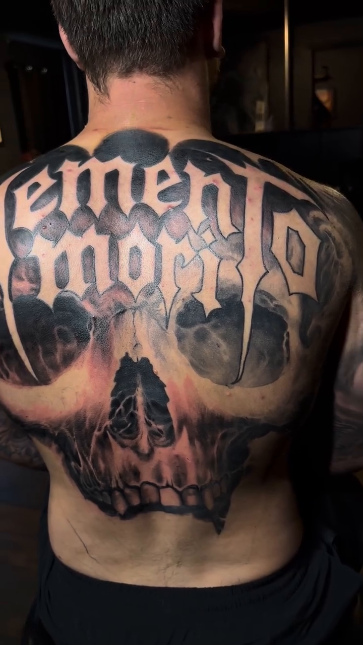 Memento Mori skull back piece realism tattoo on the back by Jason Oz, Denver, Colorado