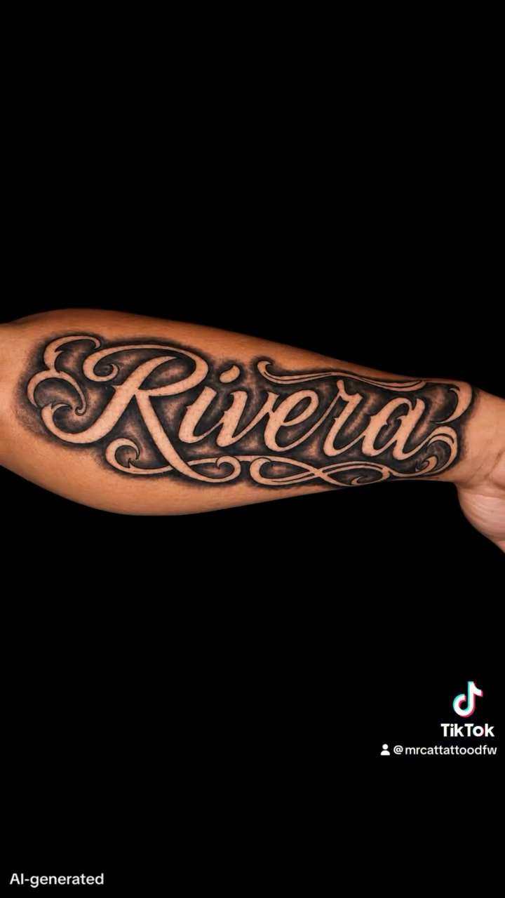Script lettering 'Rivera' with flourishes lettering tattoo on the forearm by Junior Sanchez Dfw