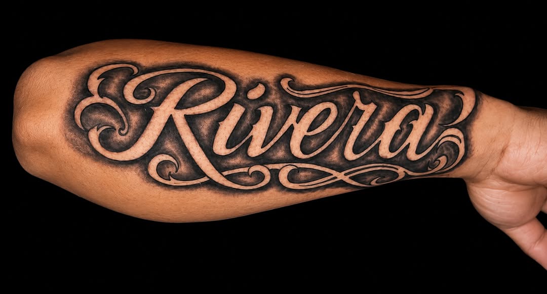 Script lettering 'Rivera' lettering tattoo on the forearm by Junior Sanchez Dfw