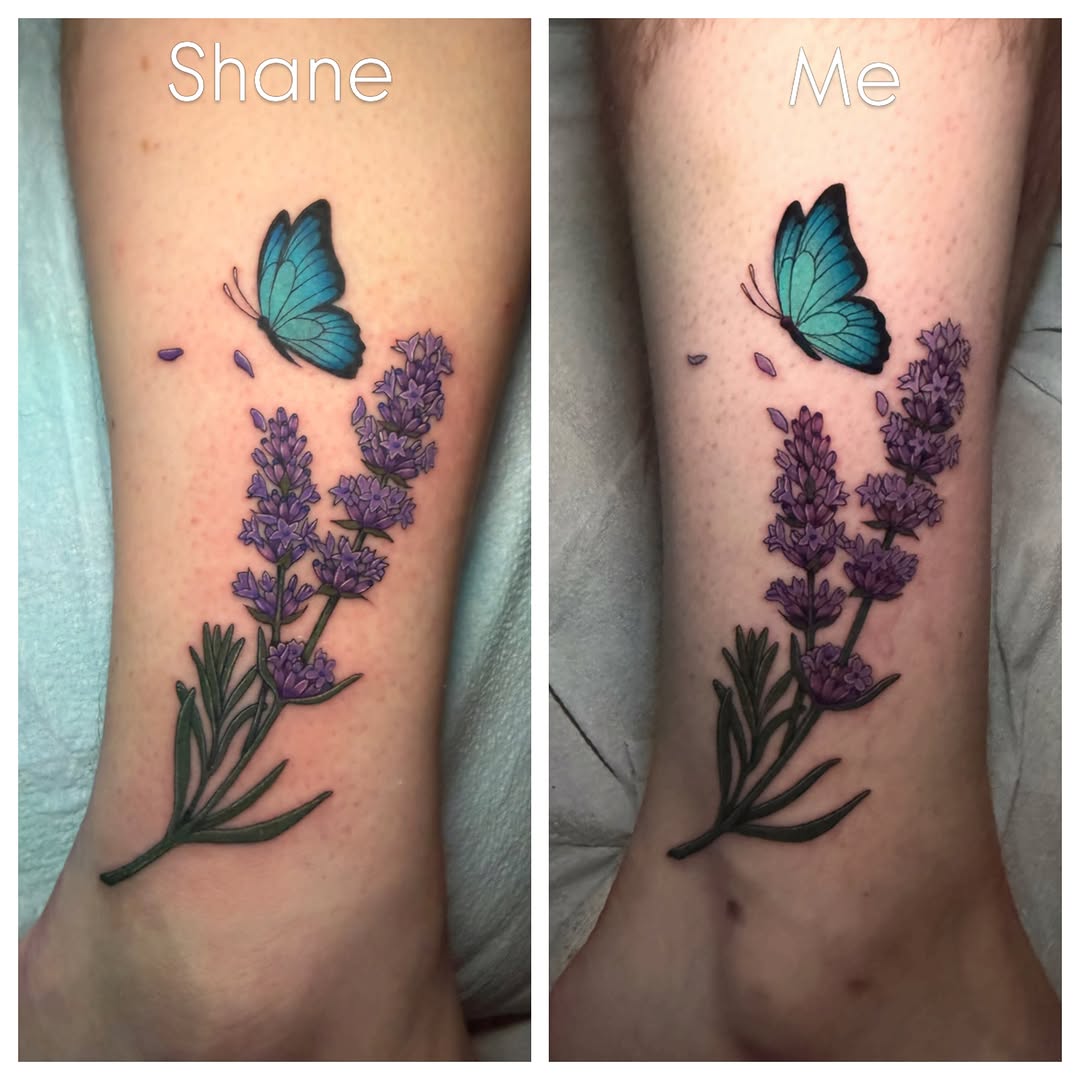 Lavender and butterfly realism tattoo on the forearm by Madison ‘Maddog’ Stewart
