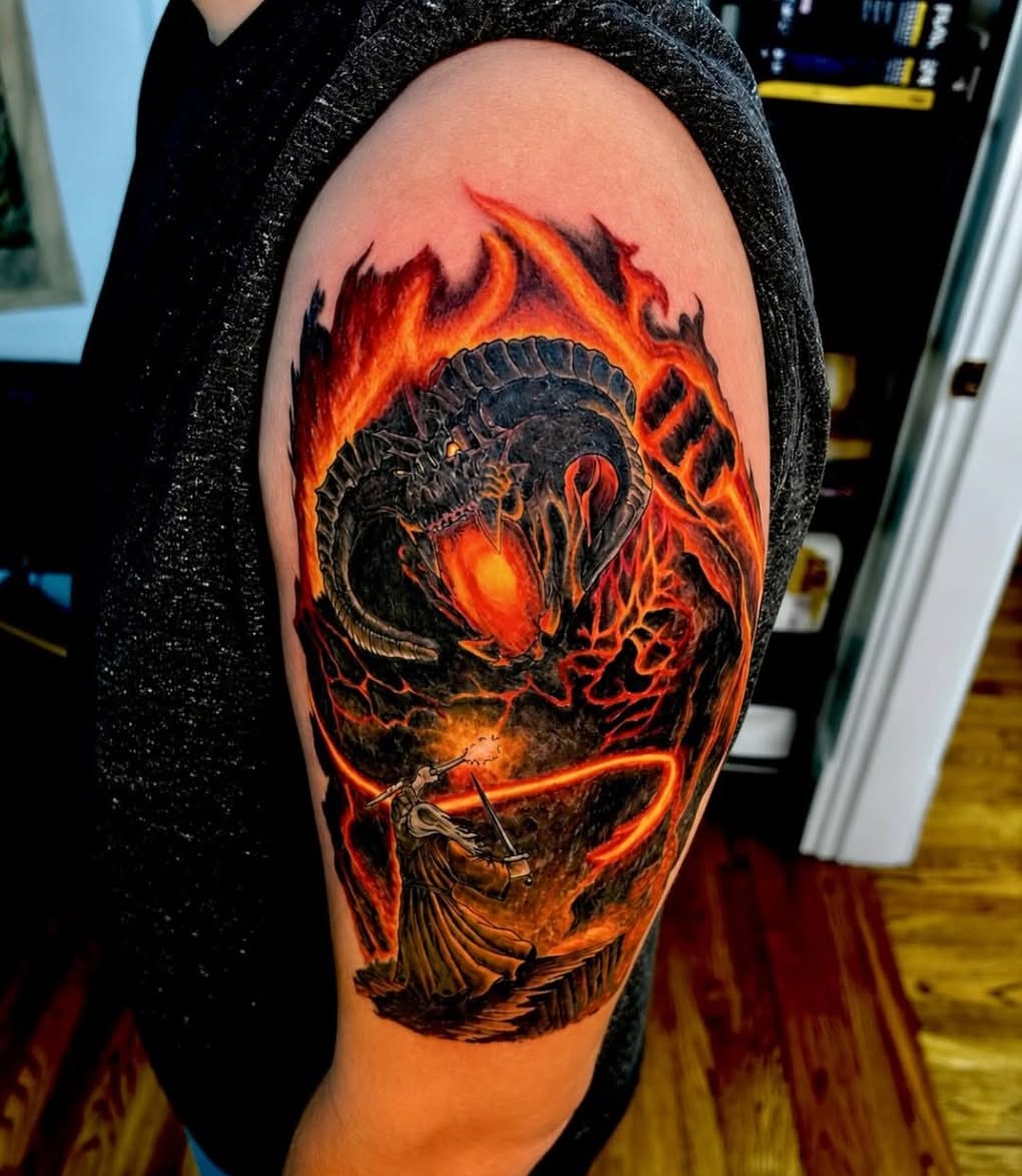 Dragon and knight realism tattoo on the forearm by Austin Young