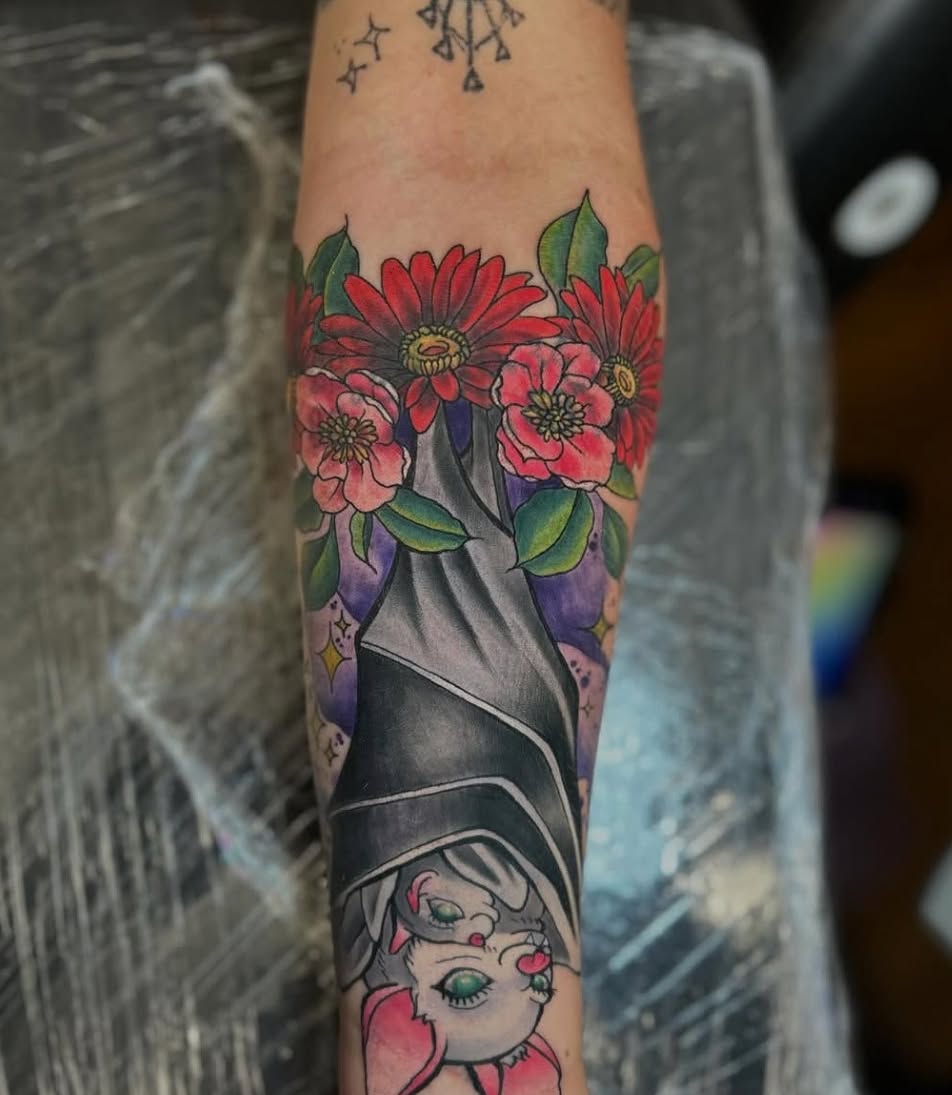 Flower bouquet American traditional tattoo on the forearm by Austin Young