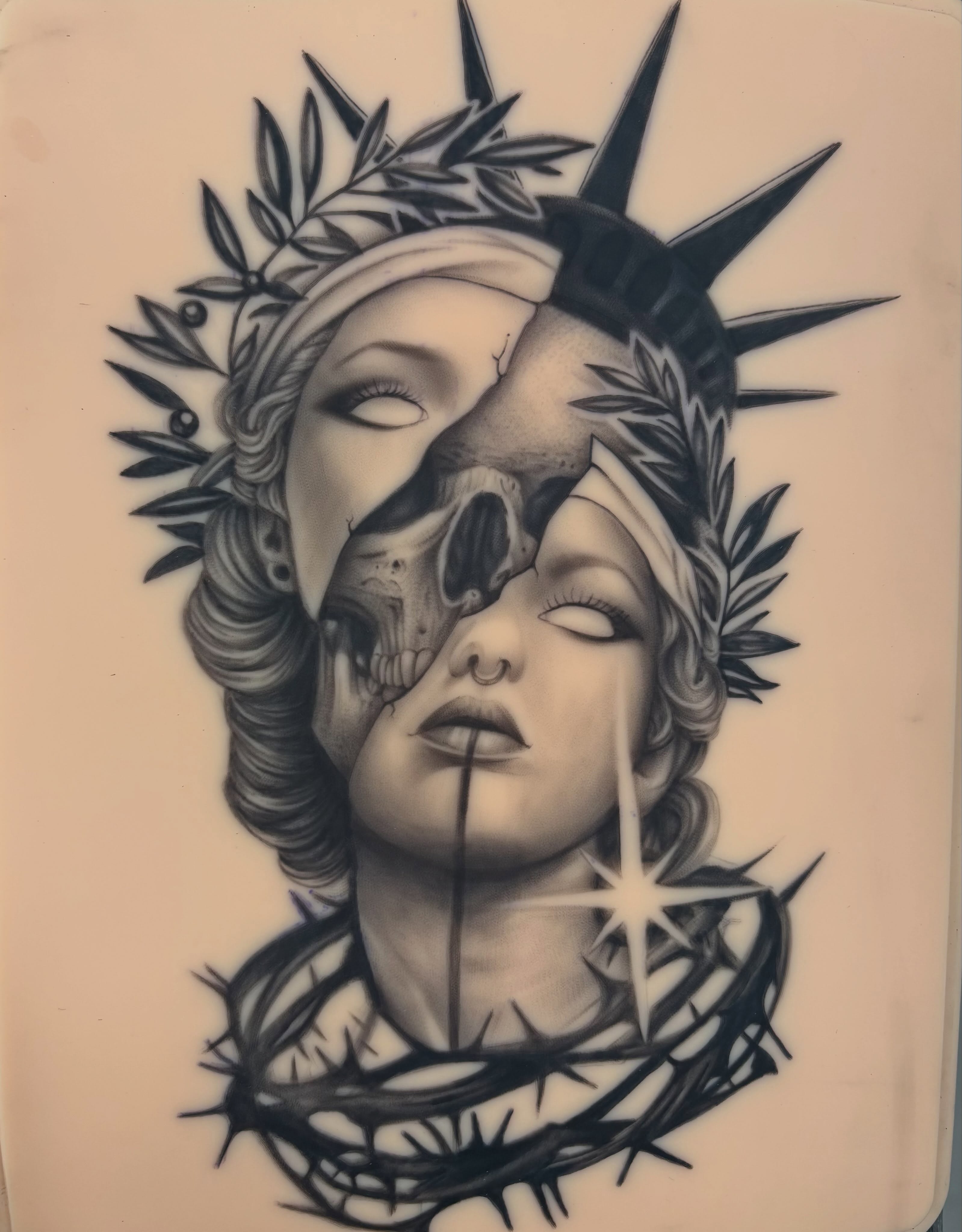 Woman and skull realism tattoo by ~KR¥$~