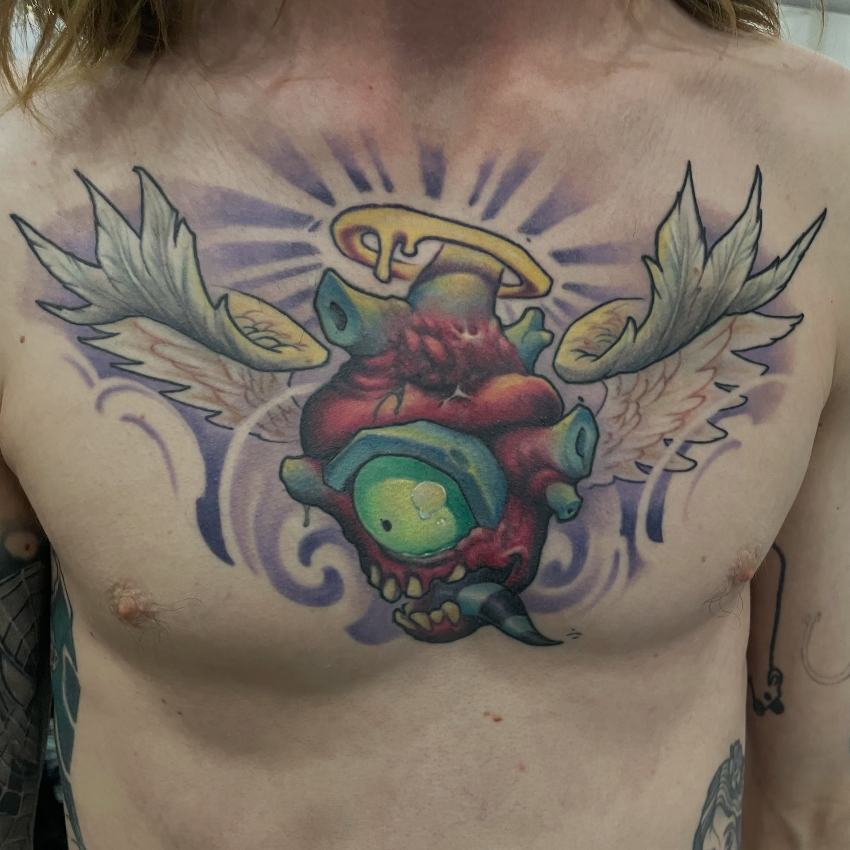 Monster American traditional tattoo on the chest by Tatgunjoe, Salt Lake City, Utah