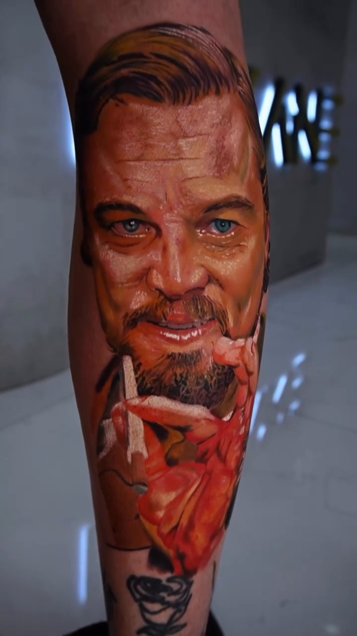 Portrait of Leonardo DiCaprio neo-traditional tattoo on the forearm by Alberto Marrero