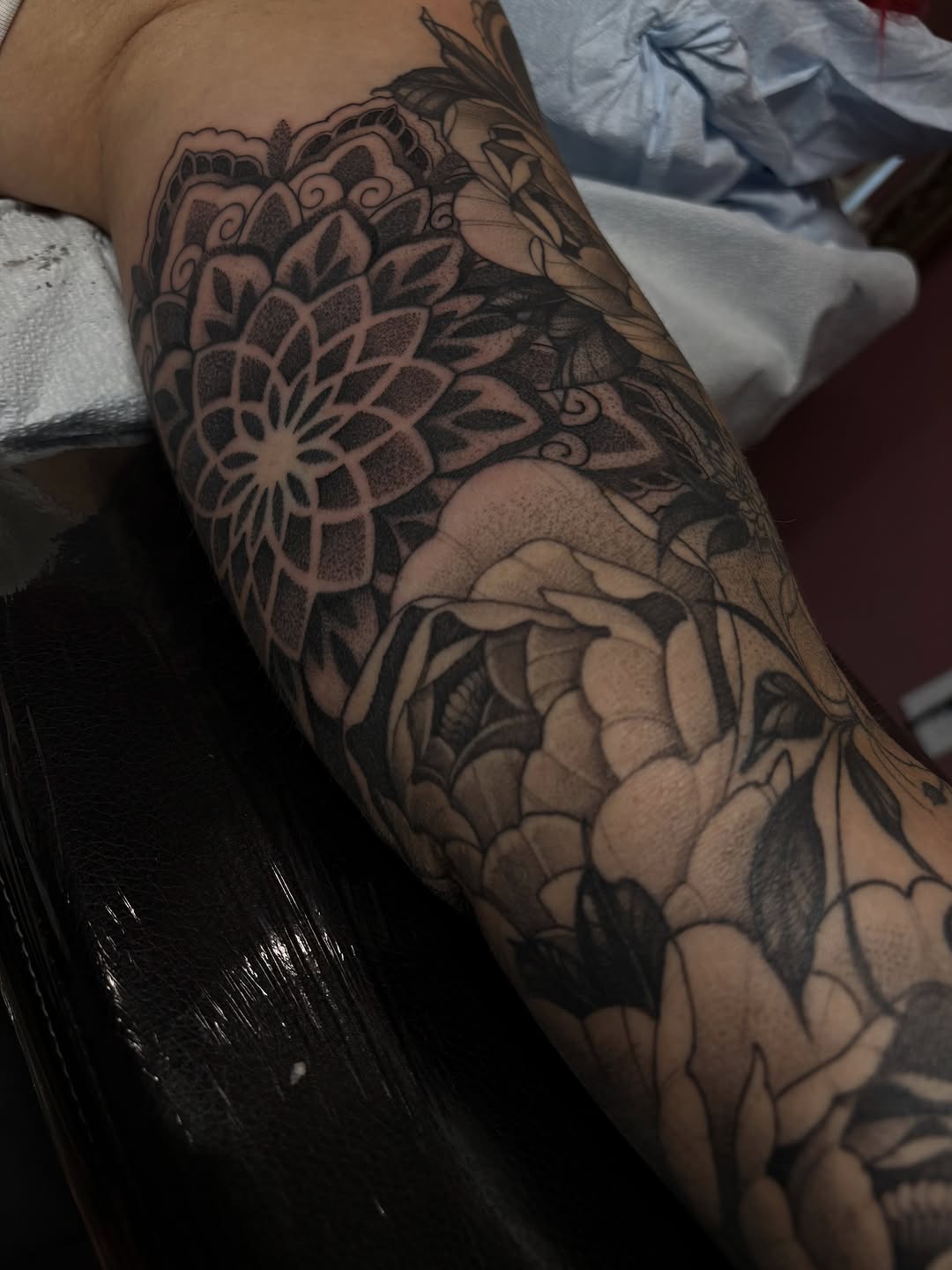 Tattoo by @taylorelizabethtattoos — dotwork, black_and_grey