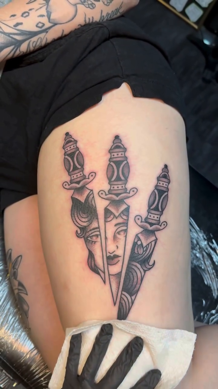 Tattoo by @traddymaddie — black_and_grey, chicano
