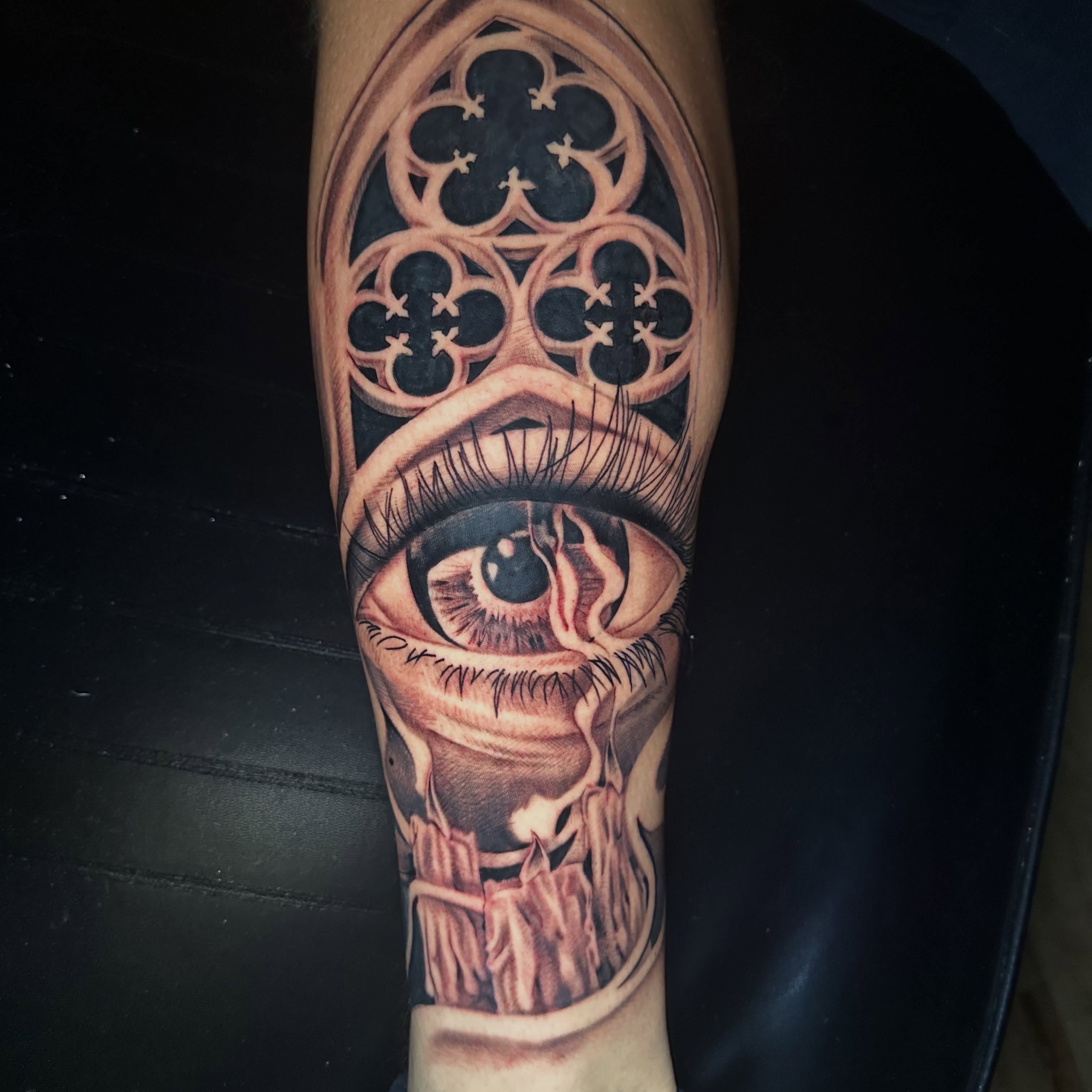 Eye with gothic window realism tattoo on the forearm by I Am Mawlo! Welcome Fellow Mawlonians