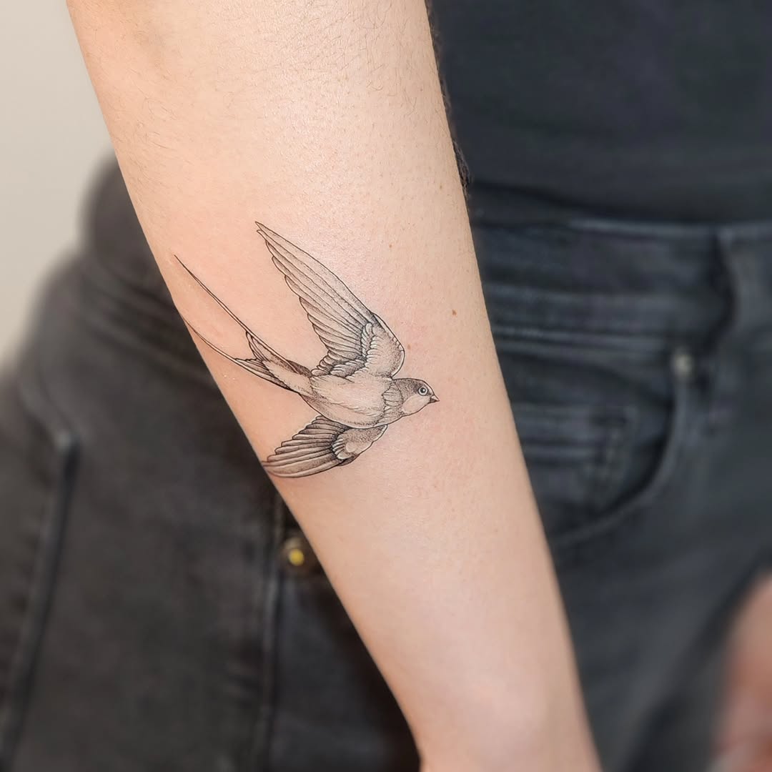 Swallow bird fine line tattoo on the forearm by Tattoo artist - Luciana Dsilva, San Francisco, California