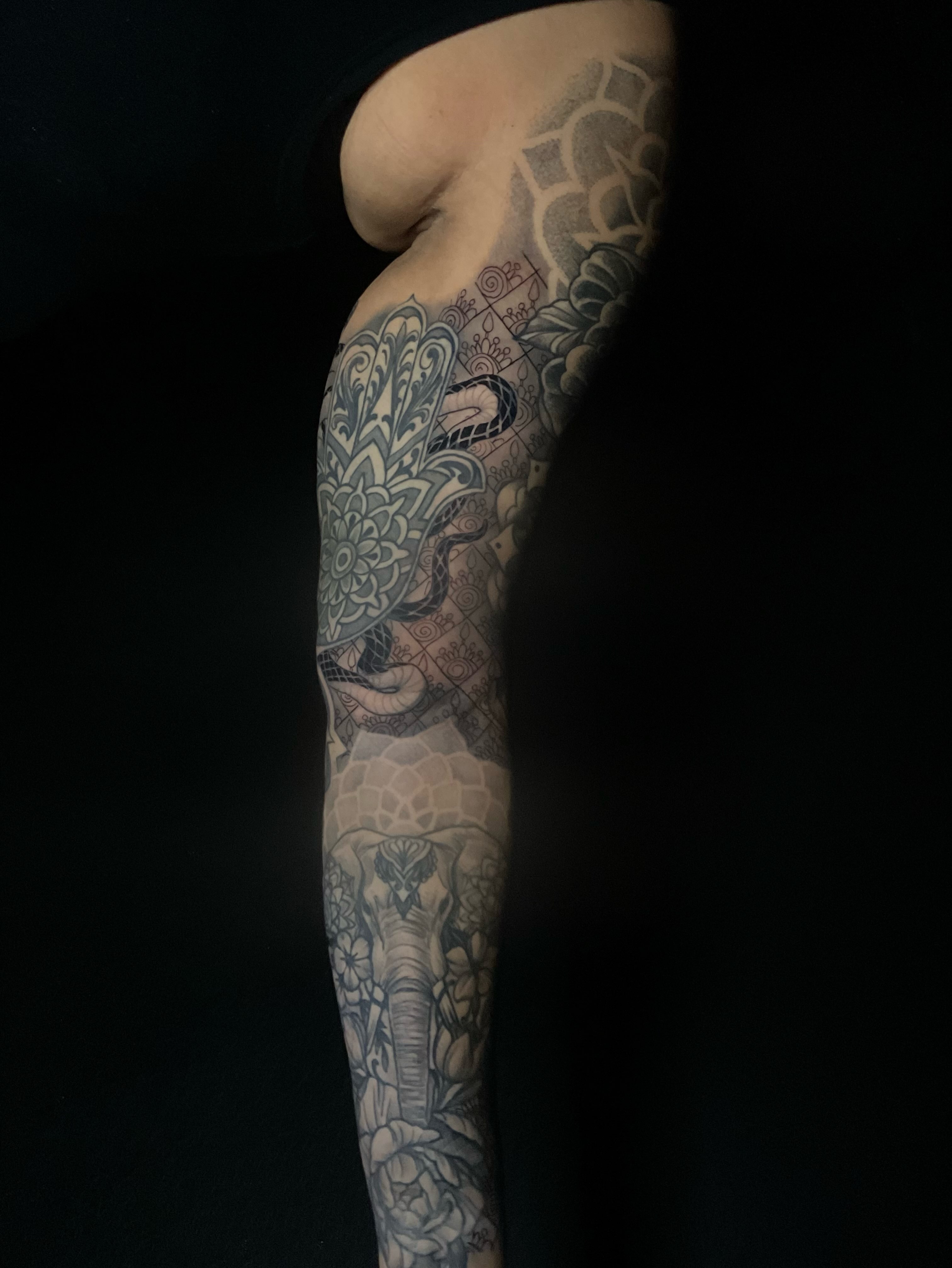 Tattoo by @indigoicarus999 — black_and_grey, geometric