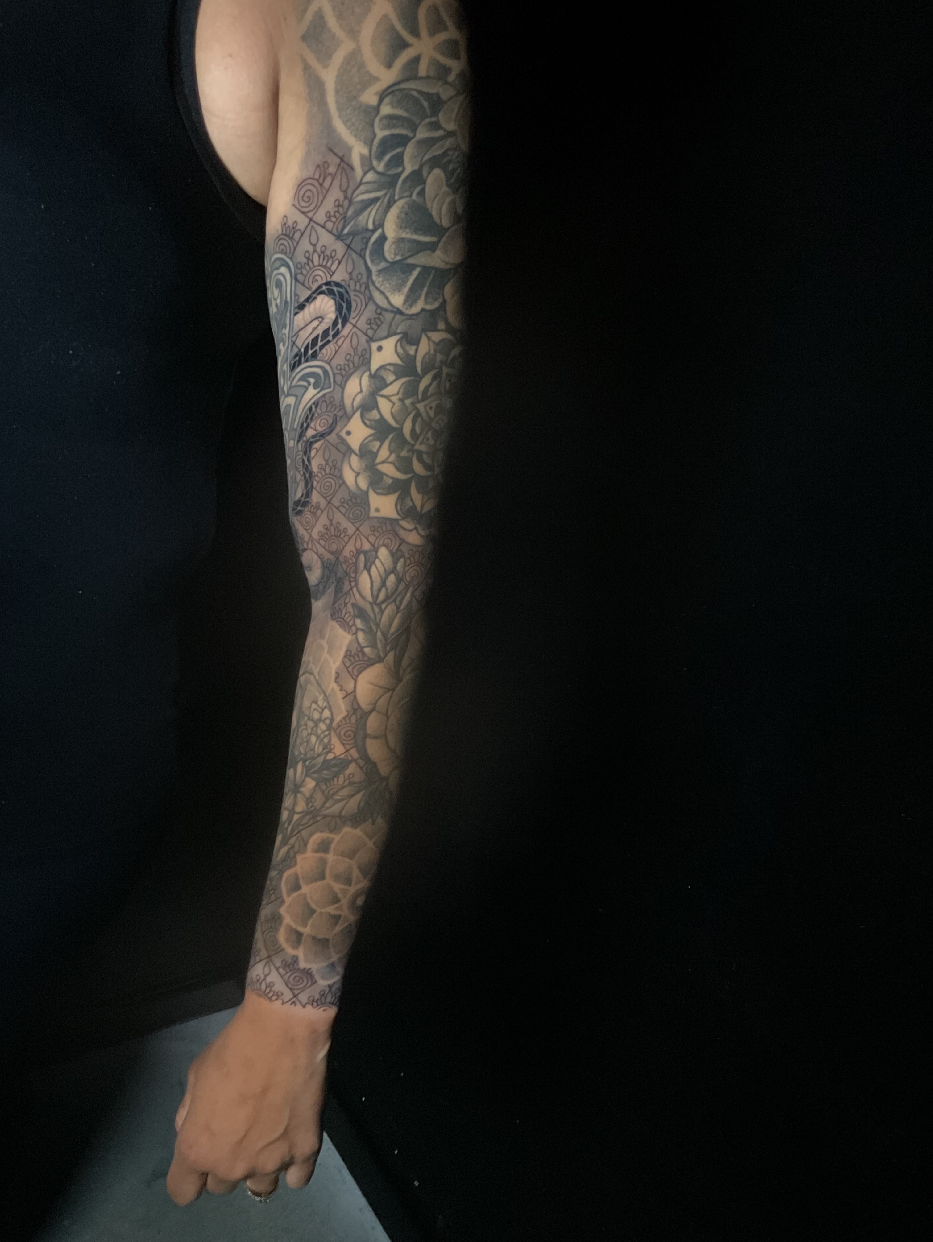 Tattoo by @indigoicarus999 — black_and_grey, geometric