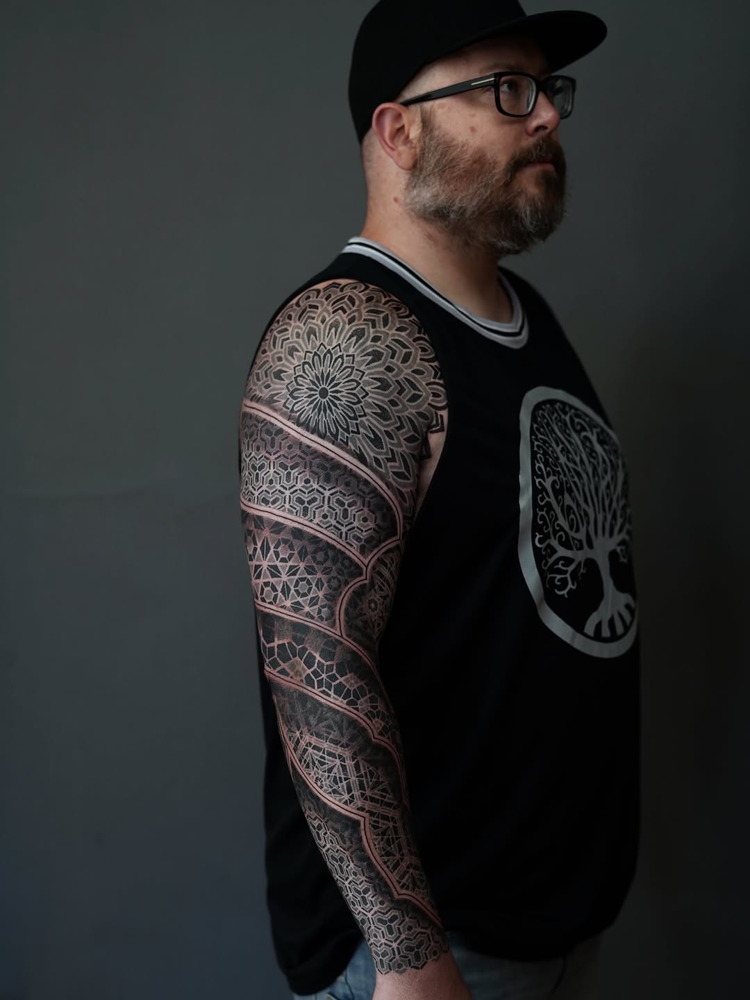 Geometric mandala and patterns geometric tattoo on the upper arm by Oliver kenton, San Diego, California
