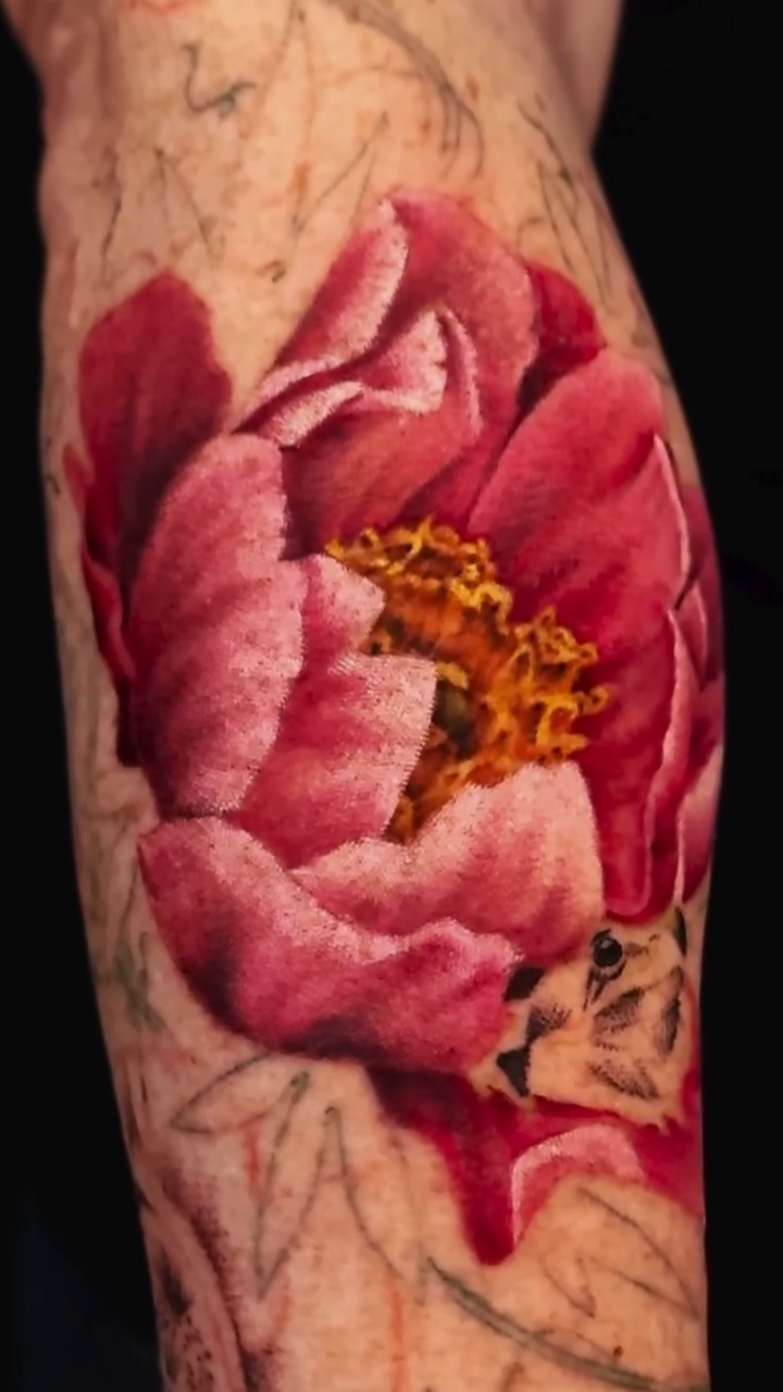 Peony and floral sleeve neo-traditional tattoo on the forearm by Júlia Sorrino