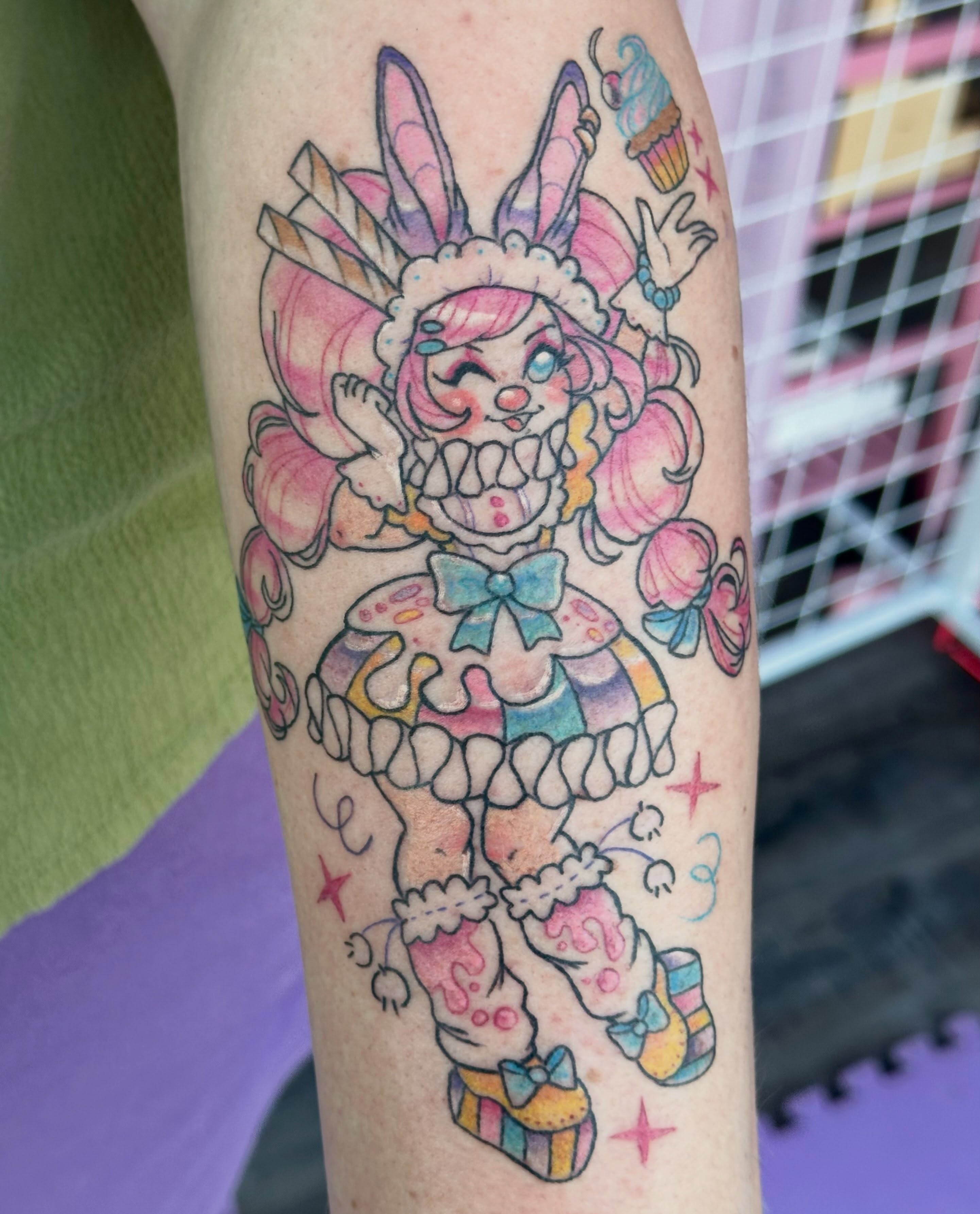 Clown girl new school tattoo on the forearm by ✦ Louie ✦, Sterling Heights, Michigan