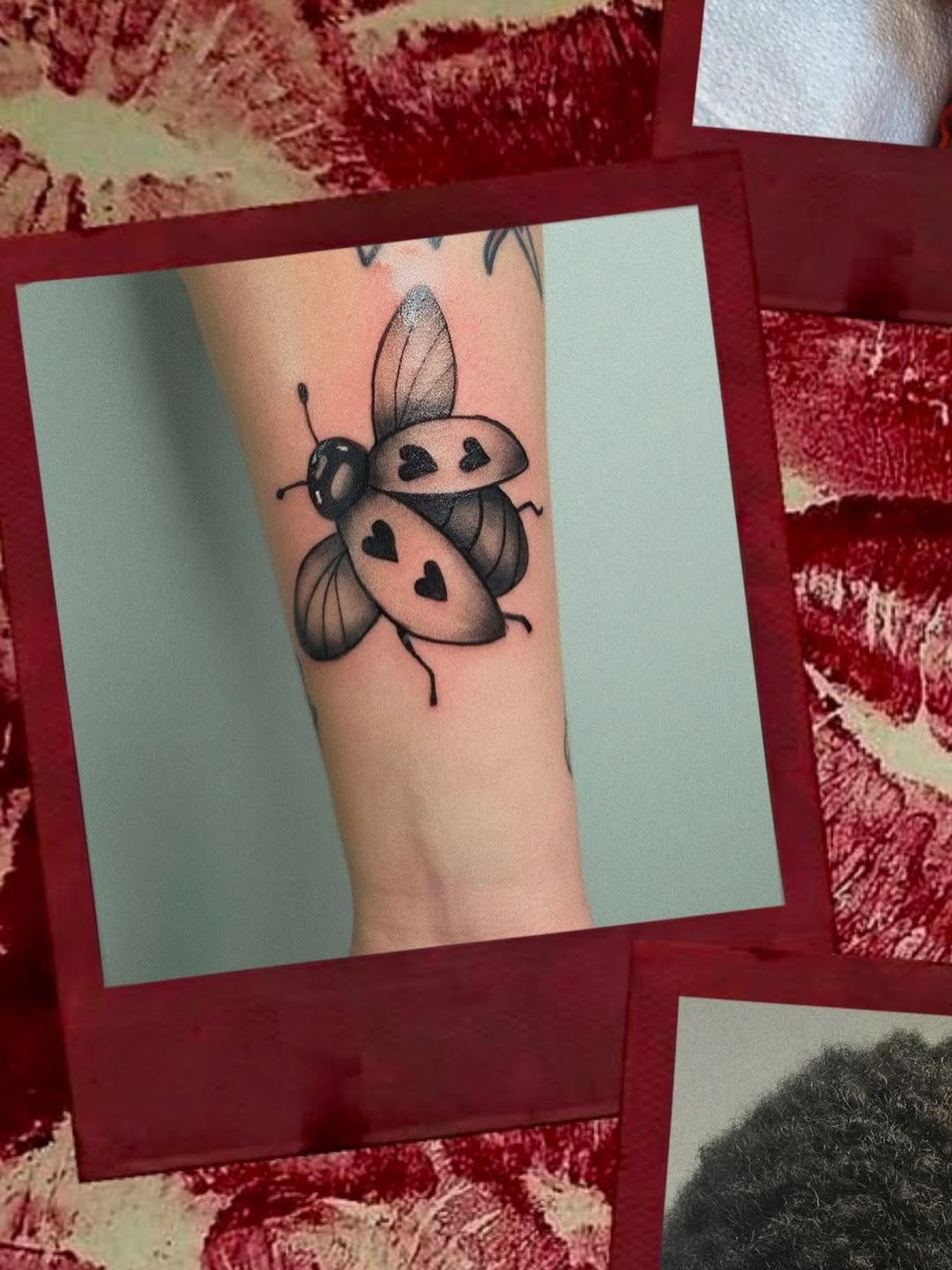Bee with hearts fine line tattoo on the forearm by Scar