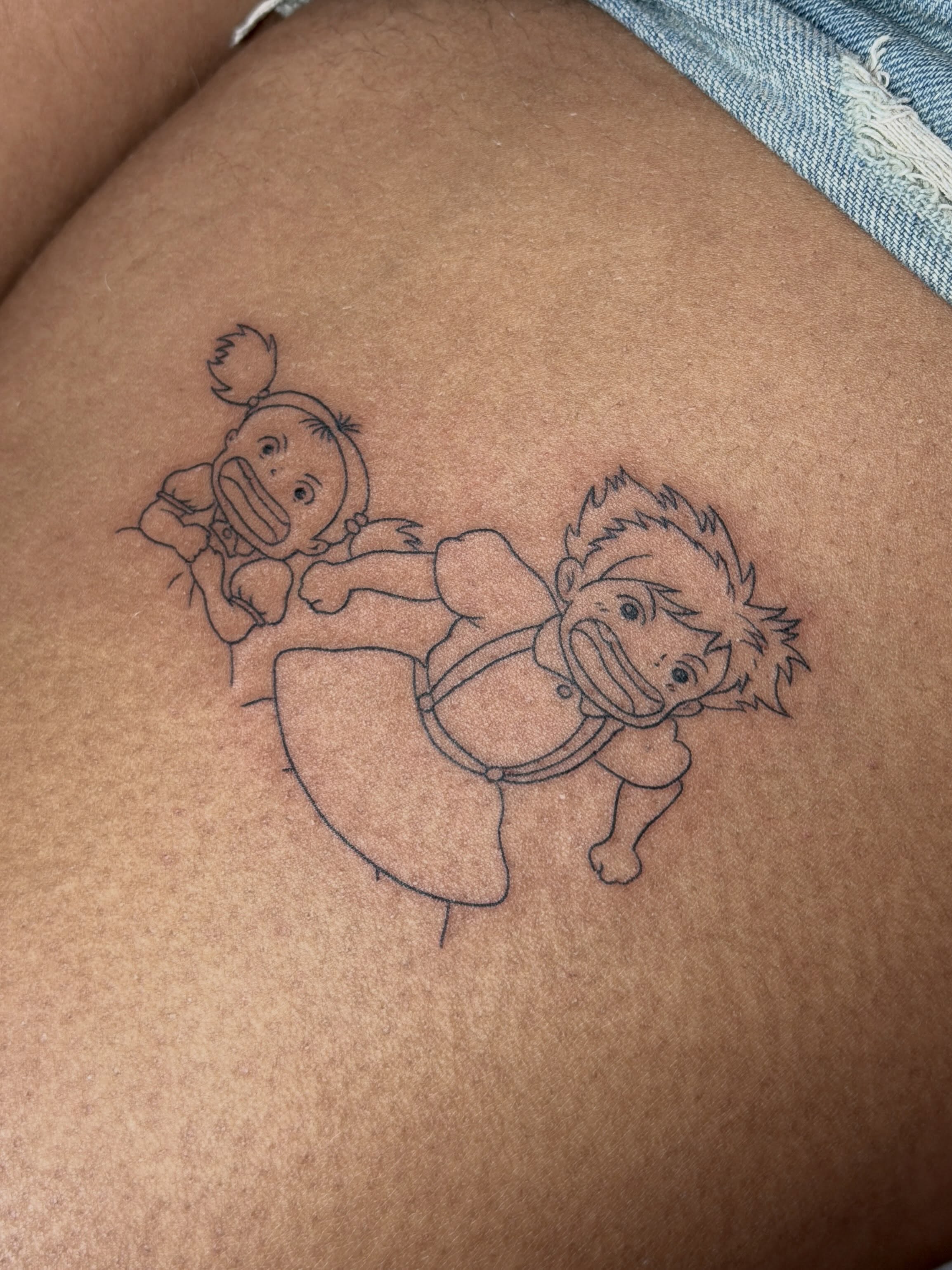 Totoro and Chu Totoro anime tattoo on the thigh by Baka Ink