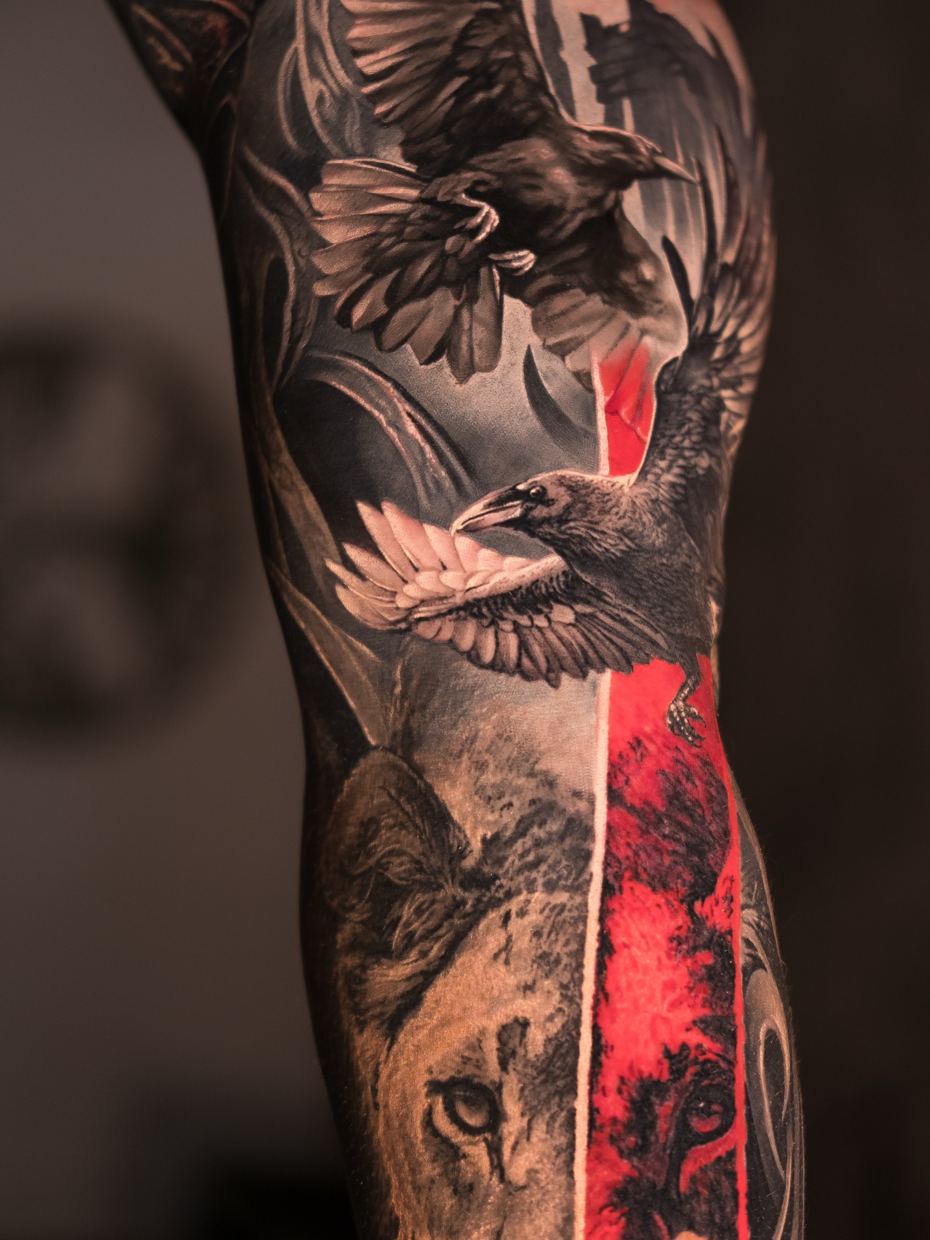 Ravens and lion realism tattoo on the forearm by Christopher Powell