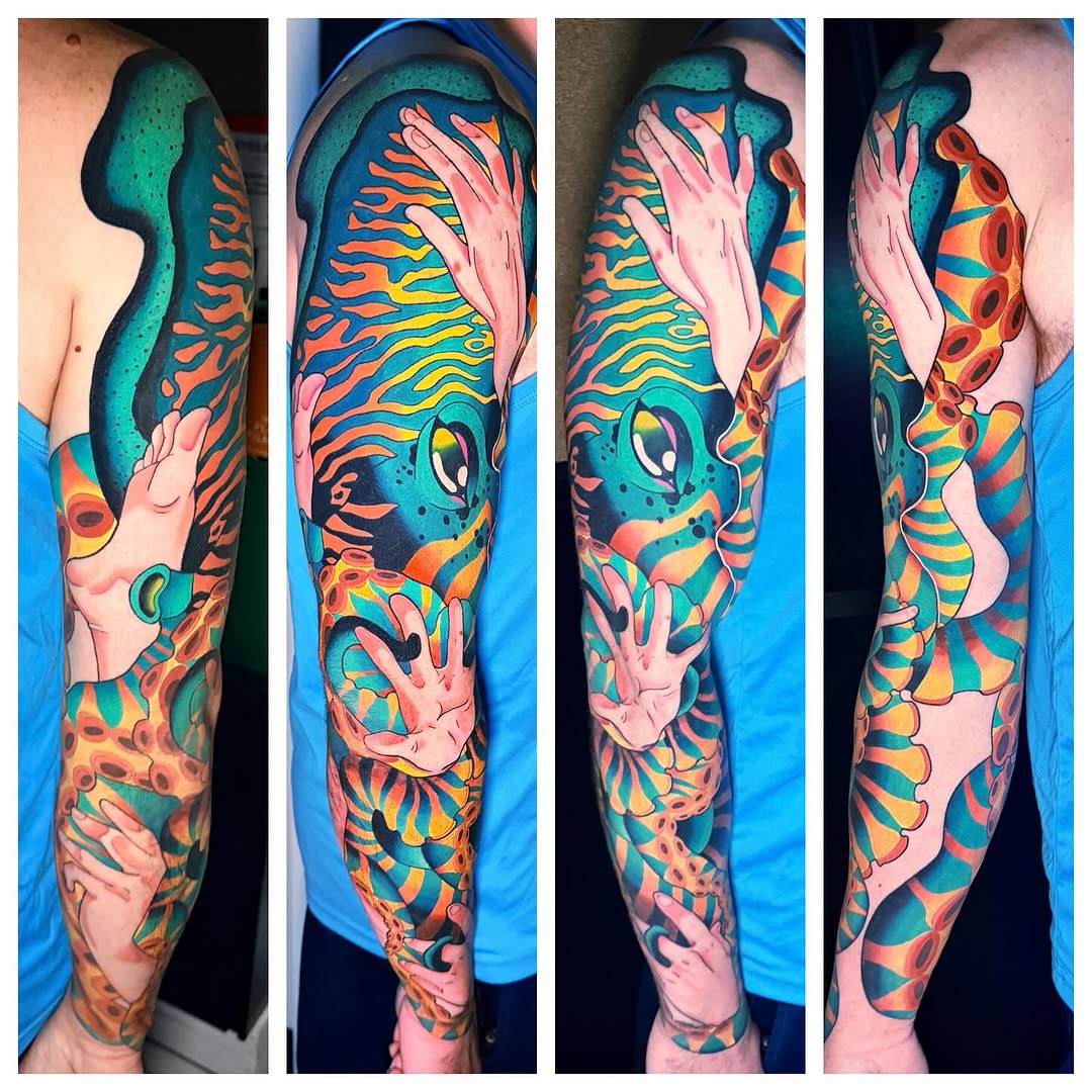 Abstract creature with hands surrealism tattoo on the forearm by Steve Hooker