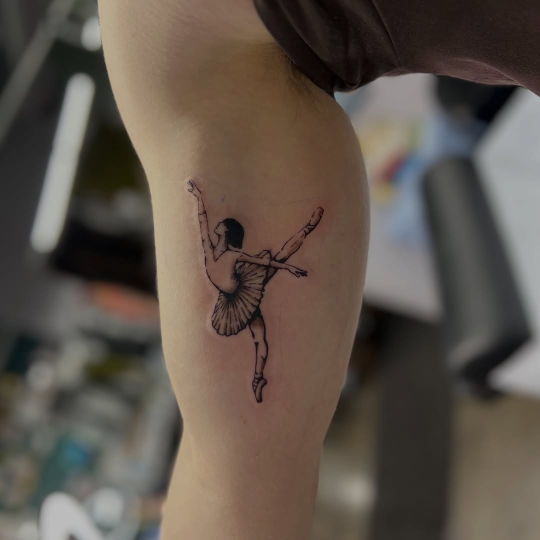 Ballerina in pose sketch tattoo on the thigh by Natalie Johnson, Minneapolis, Minnesota