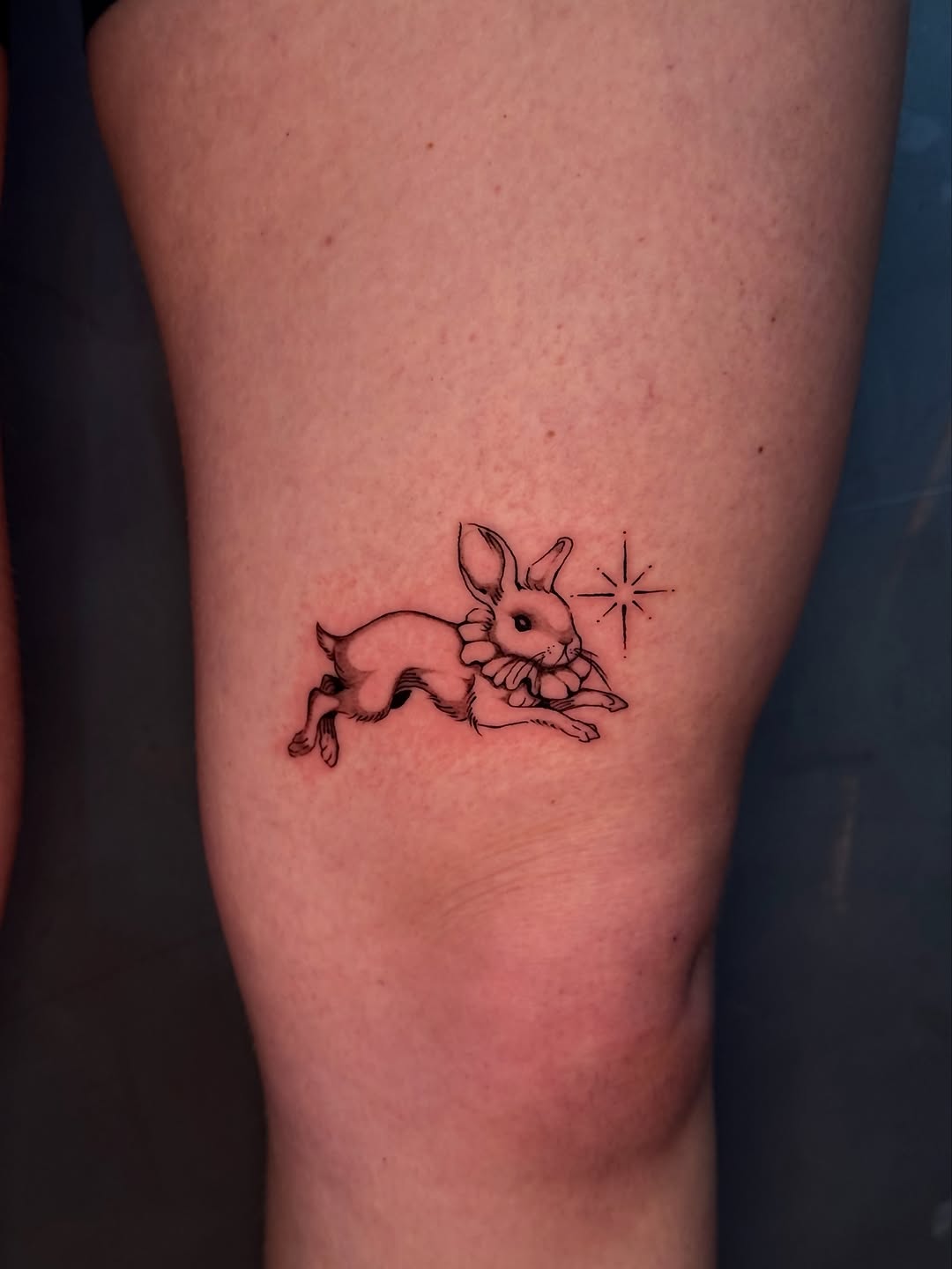 Running rabbit with flowers fine line tattoo on the thigh by ༺♡༻ Melia’s Dolls ༺♡༻